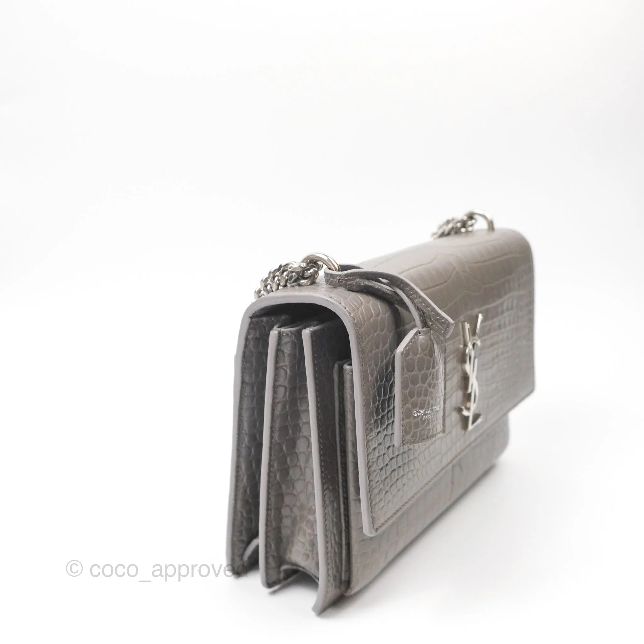 Saint Laurent Sunset Medium Grey Croc-effected Silver Hardware