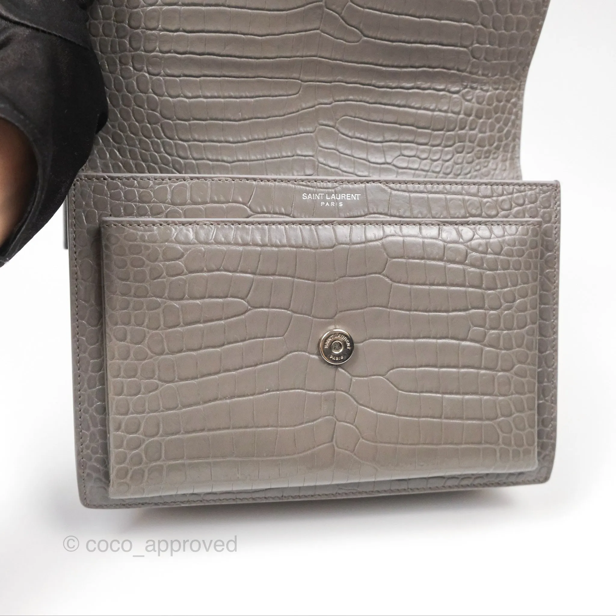 Saint Laurent Sunset Medium Grey Croc-effected Silver Hardware