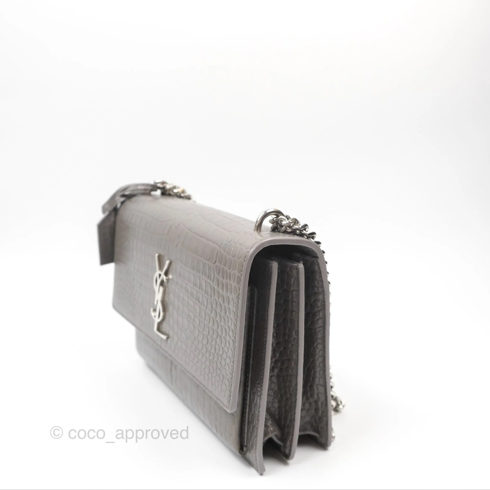 Saint Laurent Sunset Medium Grey Croc-effected Silver Hardware