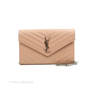 Saint Laurent Wallet on Chain Beige Pink Grained Leather Silver Hardware