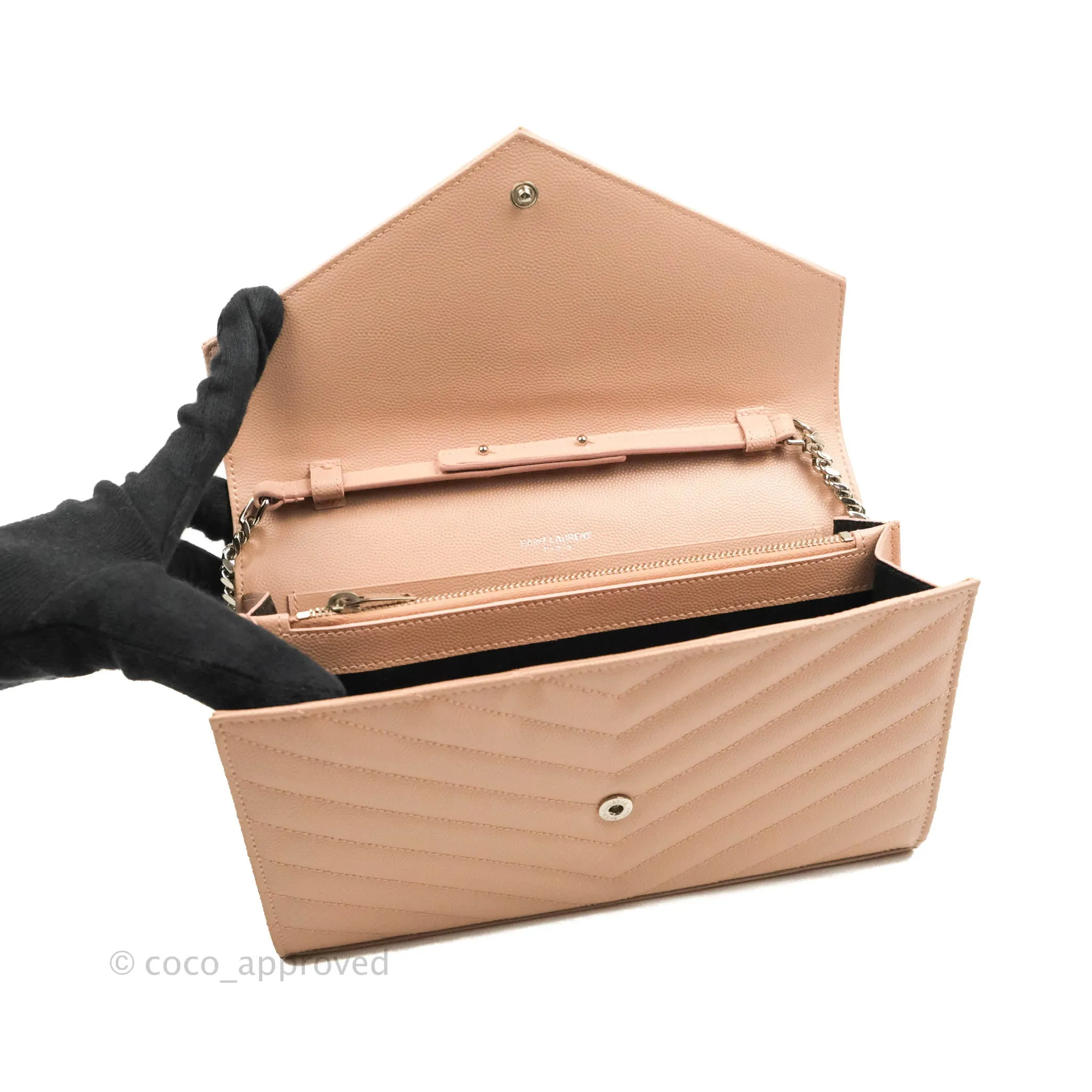 Saint Laurent Wallet on Chain Beige Pink Grained Leather Silver Hardware