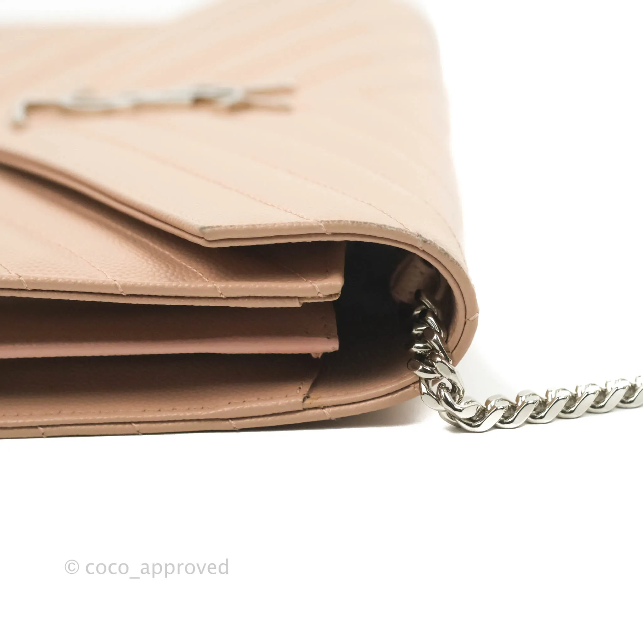 Saint Laurent Wallet on Chain Beige Pink Grained Leather Silver Hardware