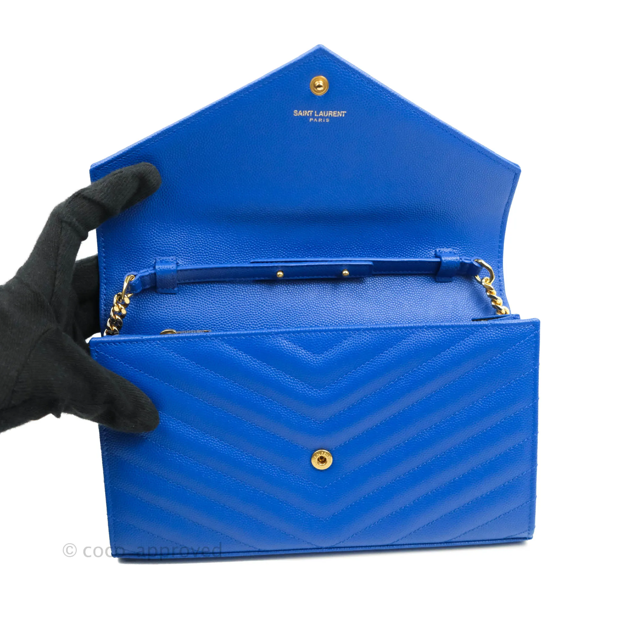 Saint Laurent Wallet on Chain Blue Grained Leather Gold Hardware