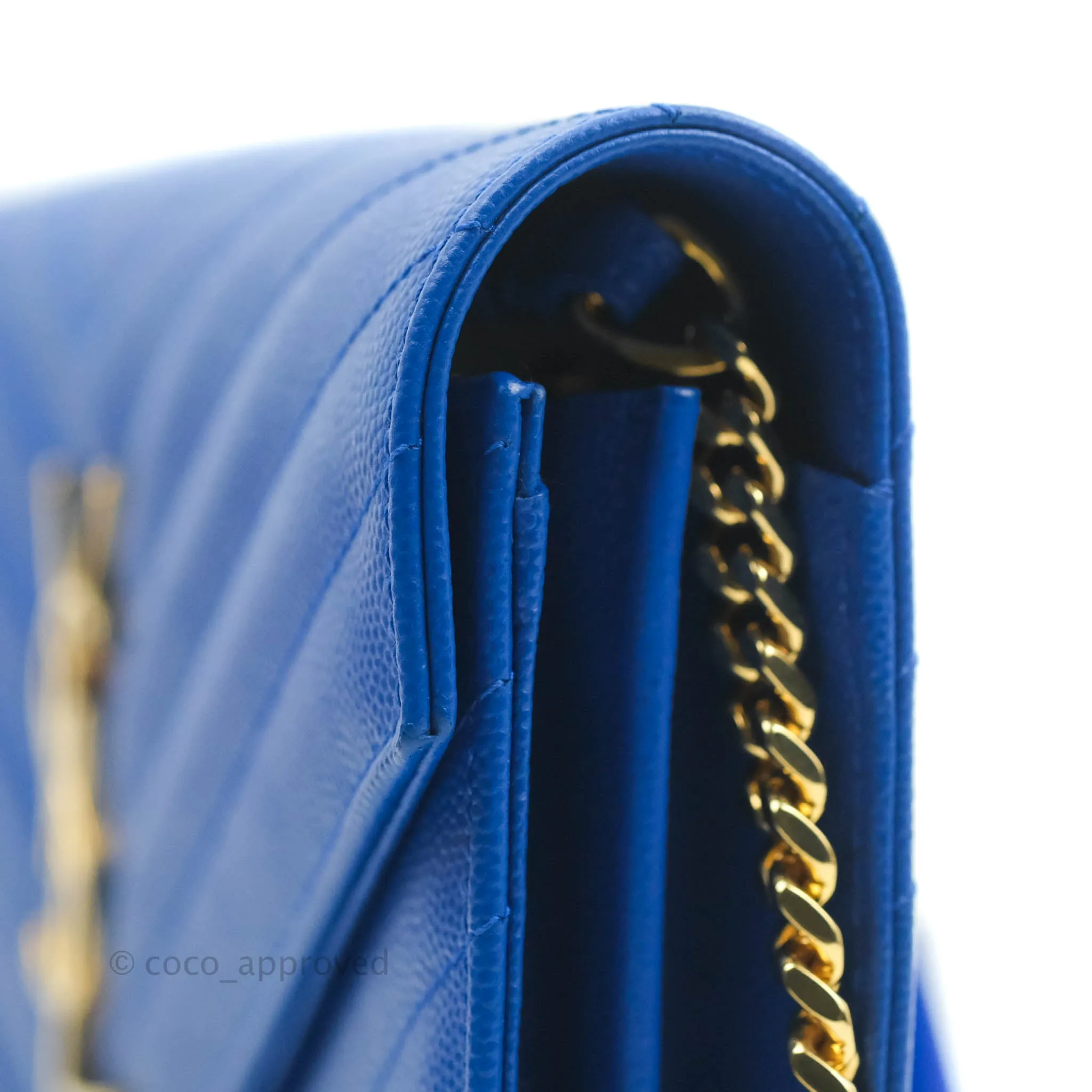 Saint Laurent Wallet on Chain Blue Grained Leather Gold Hardware