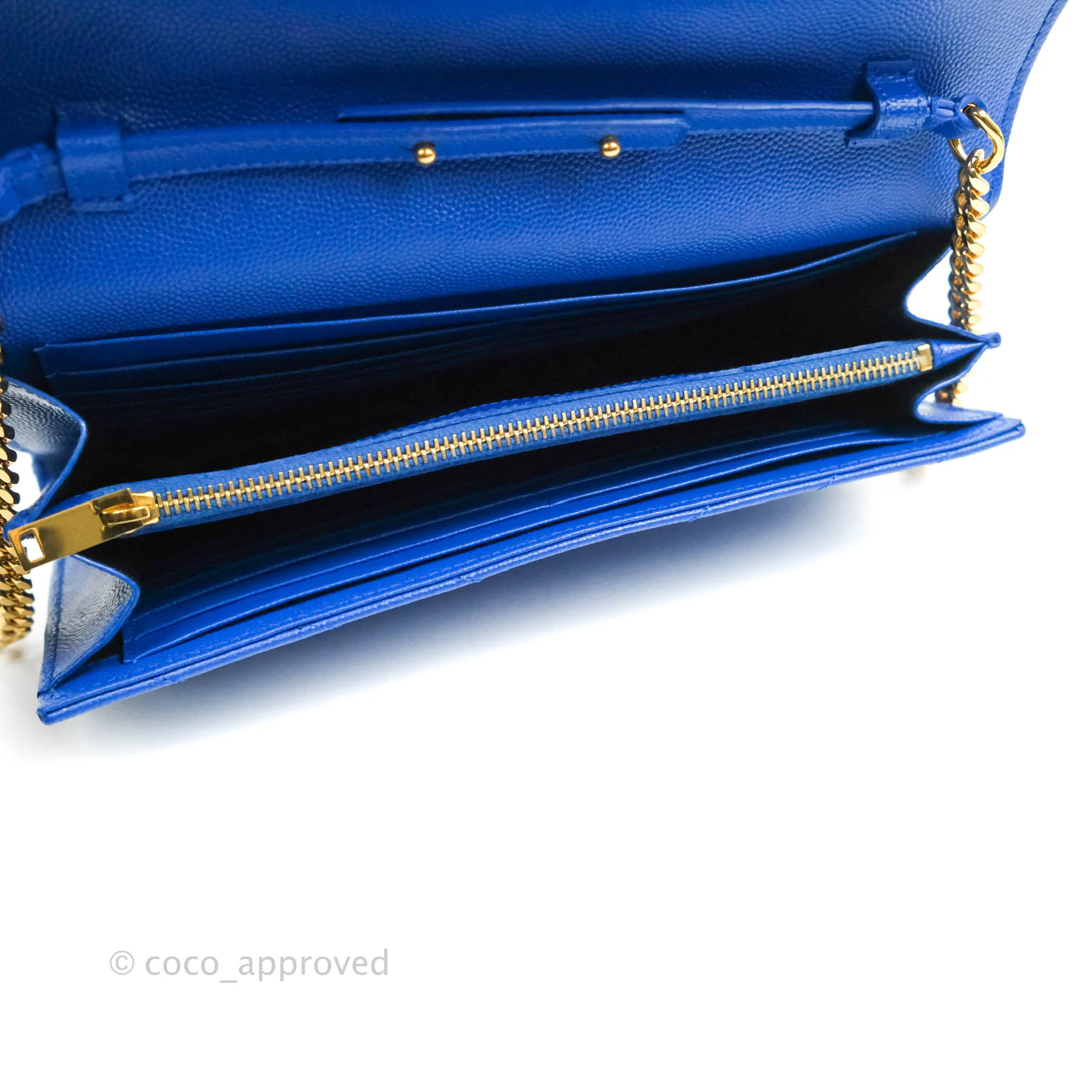 Saint Laurent Wallet on Chain Blue Grained Leather Gold Hardware