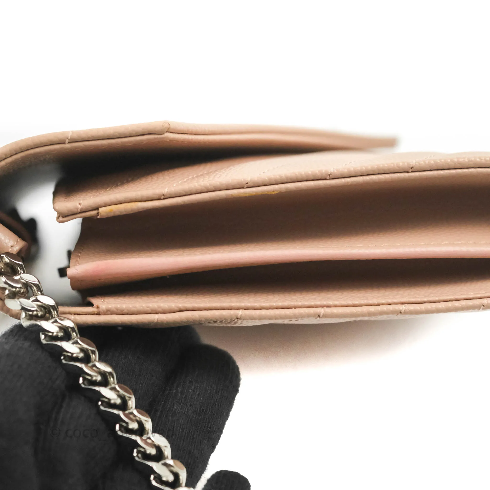 Saint Laurent Wallet on Chain Blush Pink Grained Leather Silver Hardware