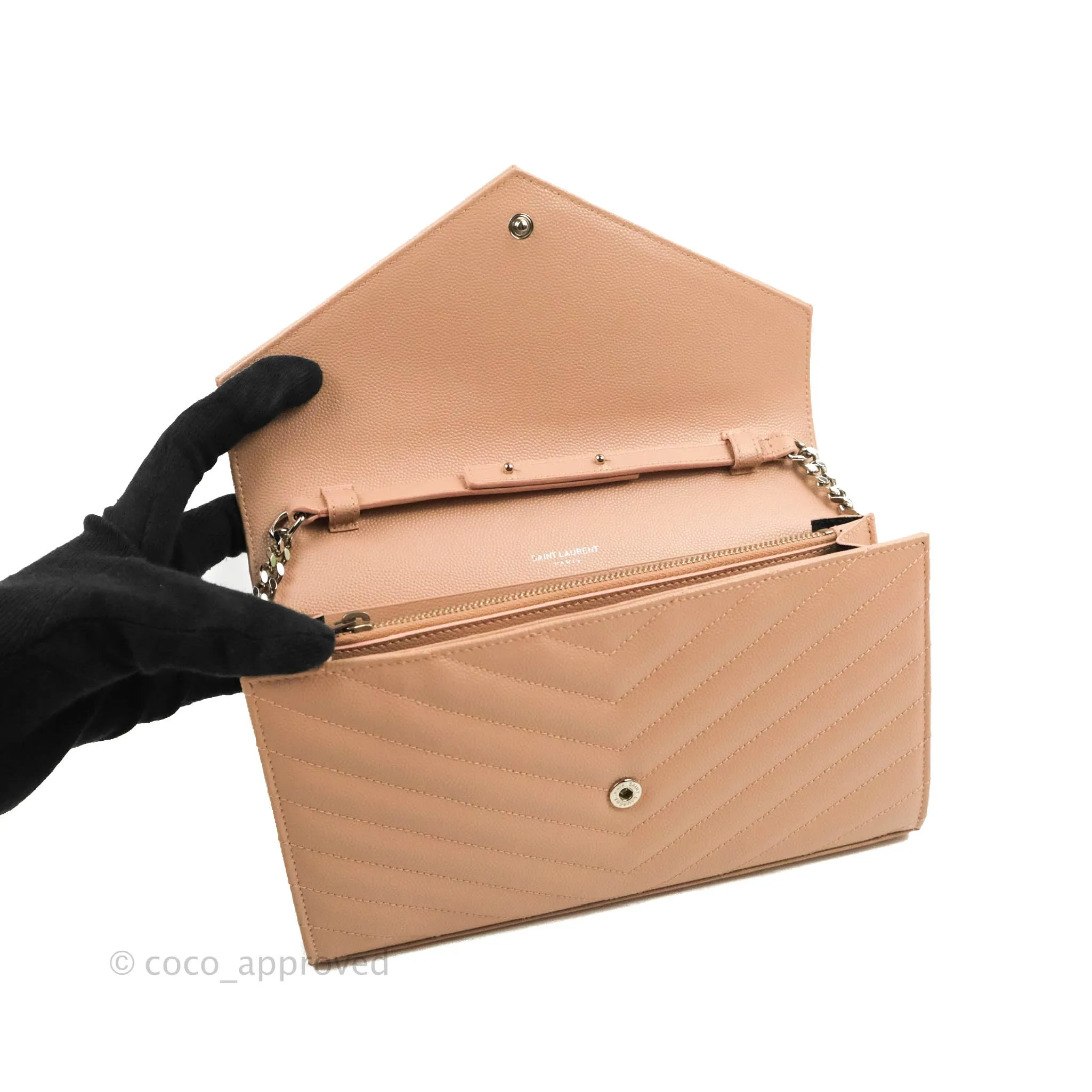 Saint Laurent Wallet on Chain Blush Pink Grained Leather Silver Hardware