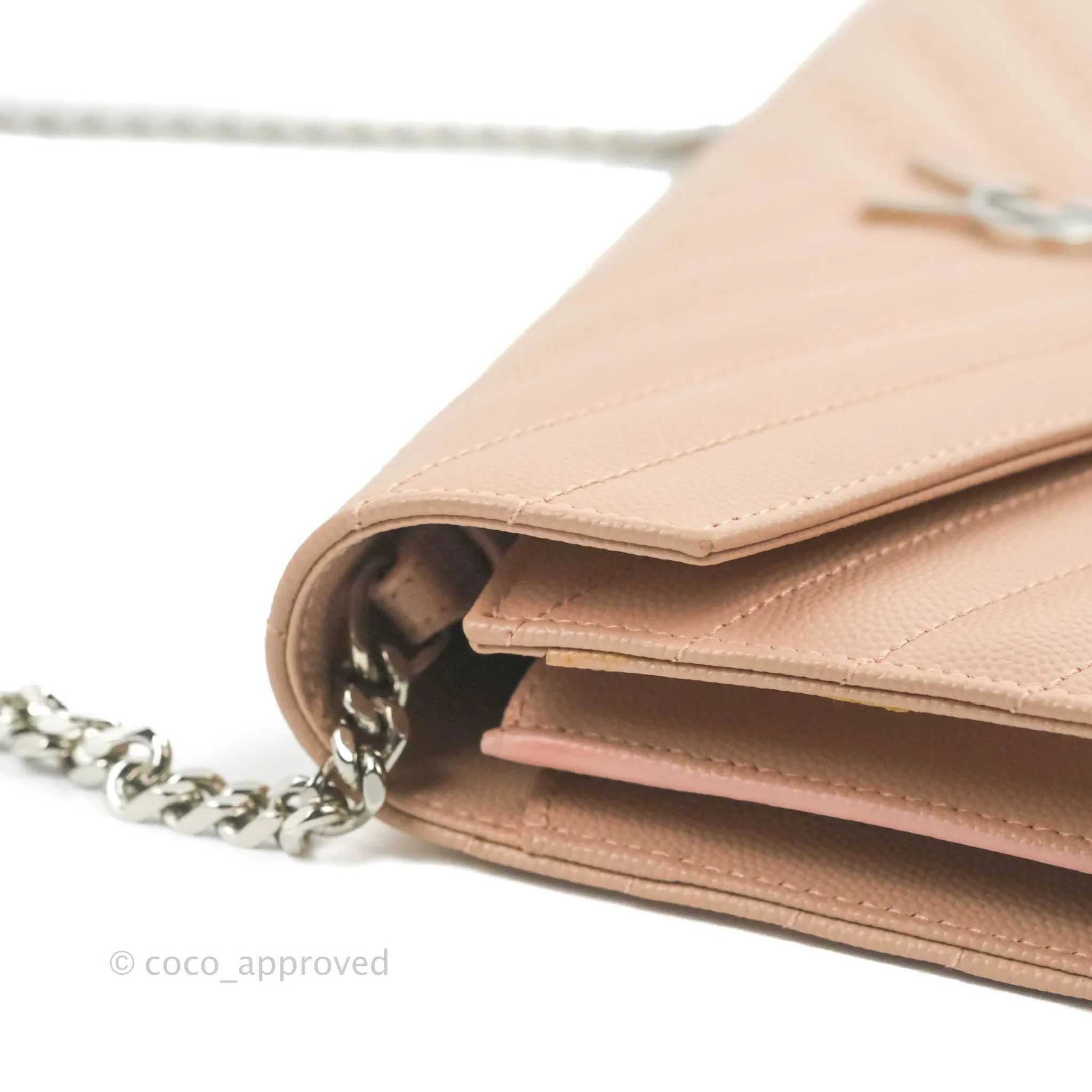 Saint Laurent Wallet on Chain Blush Pink Grained Leather Silver Hardware
