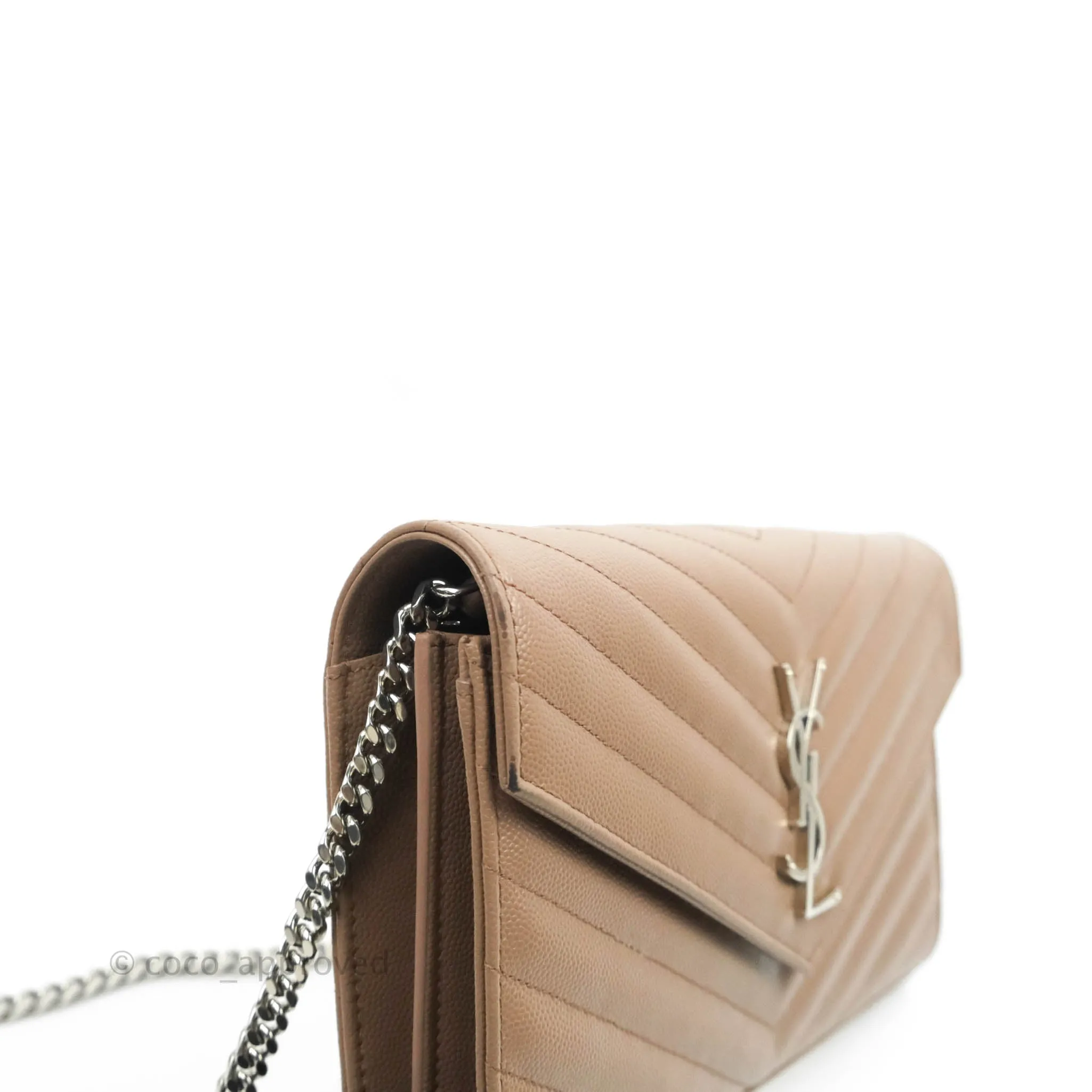 Saint Laurent Wallet on Chain Brown Grained Leather Silver Hardware
