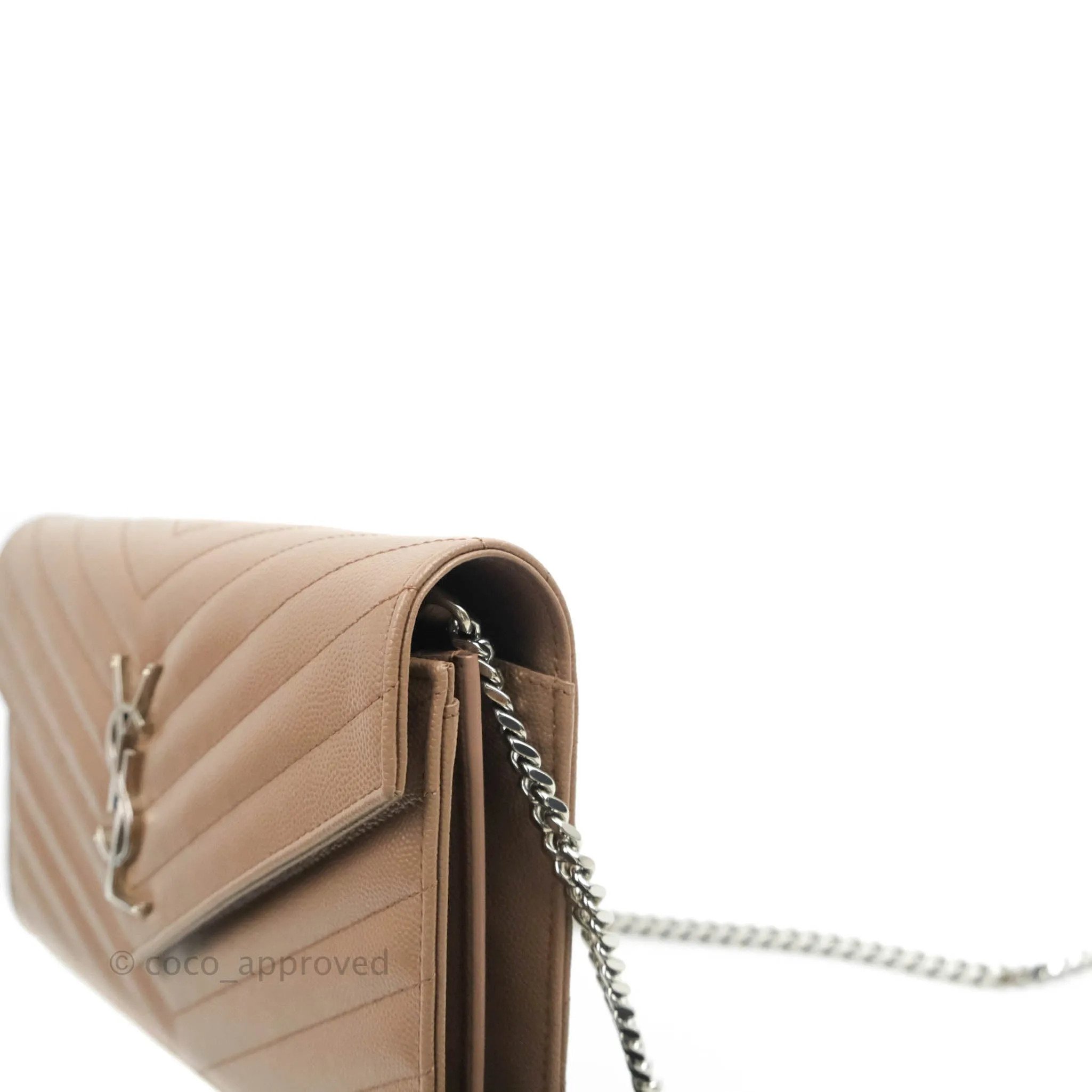 Saint Laurent Wallet on Chain Brown Grained Leather Silver Hardware