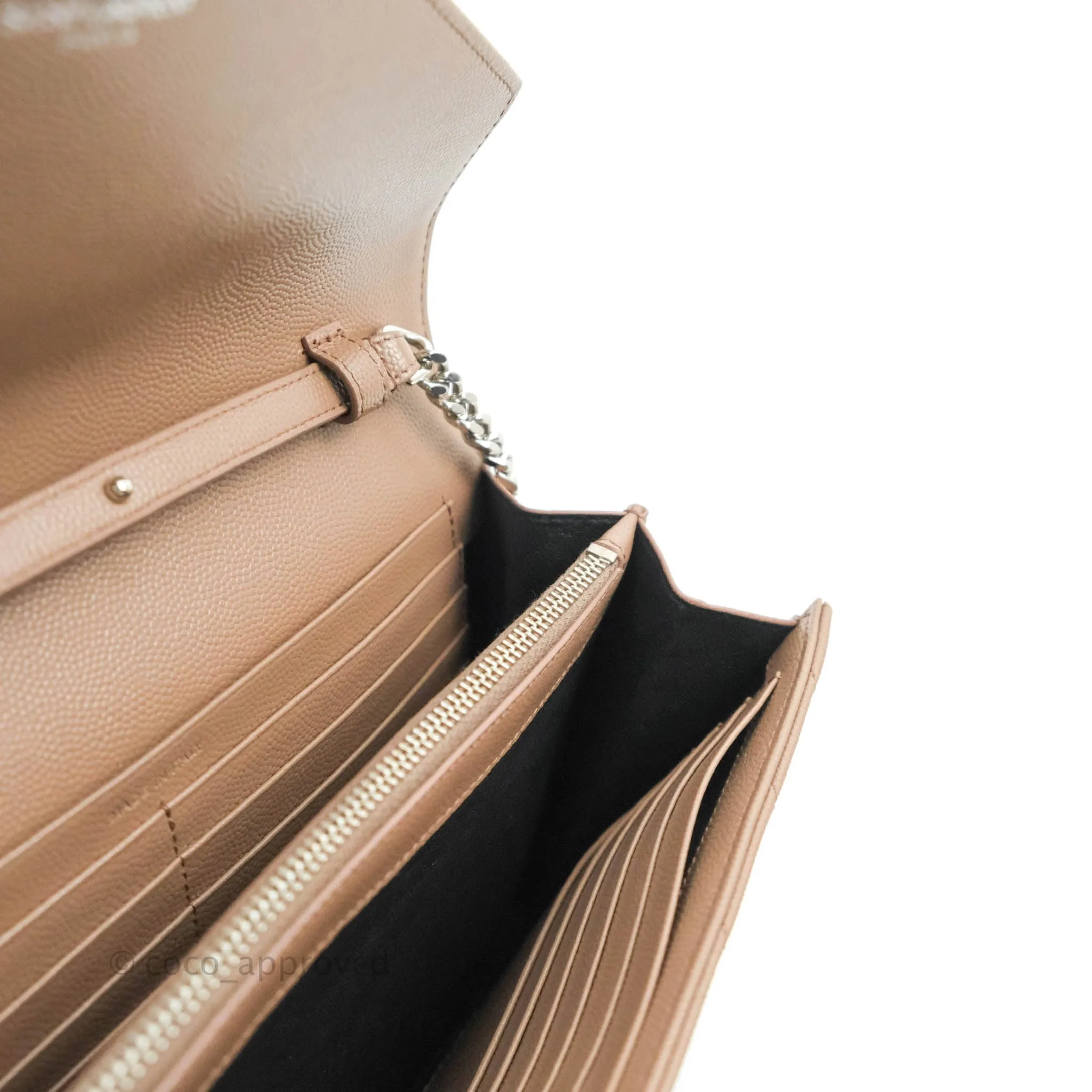 Saint Laurent Wallet on Chain Brown Grained Leather Silver Hardware