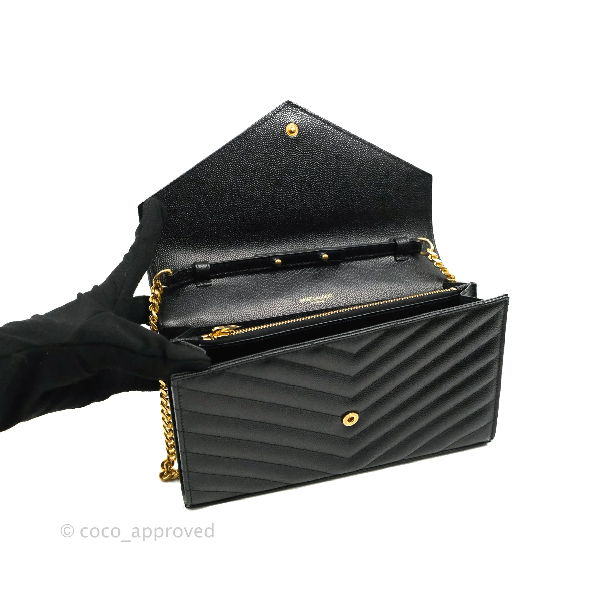 Saint Laurent Wallet on Chain Large Black Grained Leather Gold Hardware