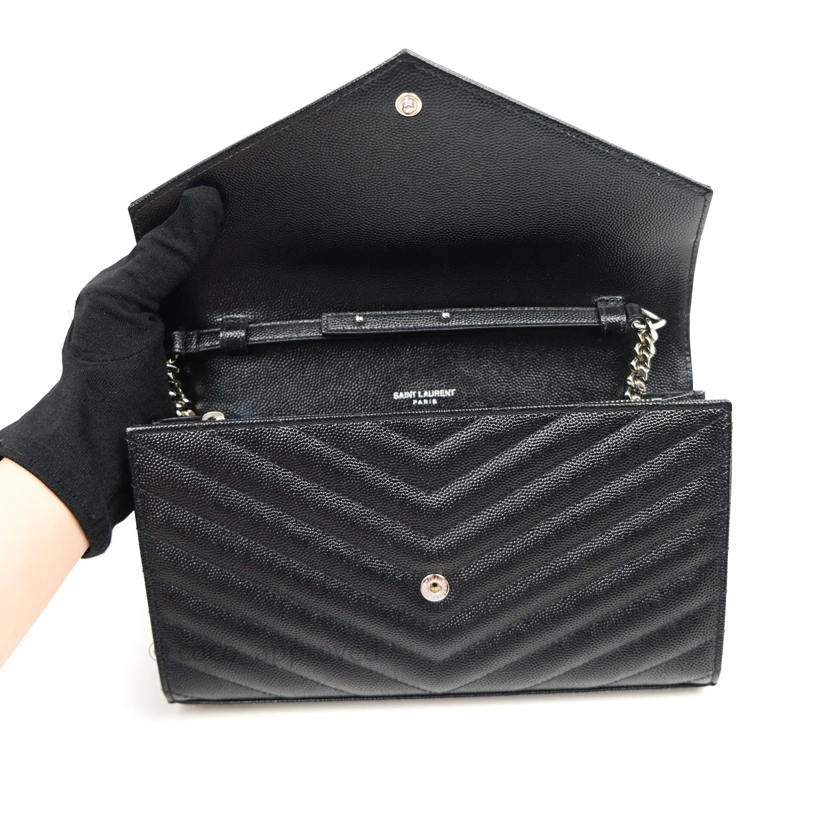 Saint Laurent Wallet on Chain Large in Black Grained Leather and Silver Hardware