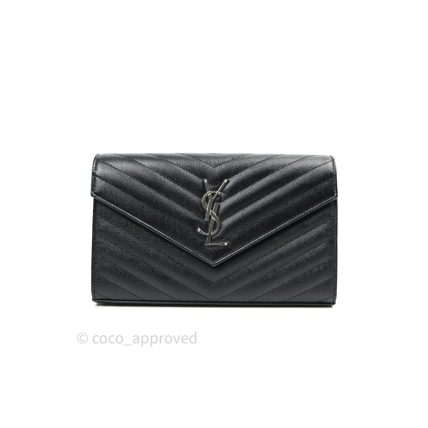 Saint Laurent Wallet on Chain Large in Black Grained Leather and Silver Hardware