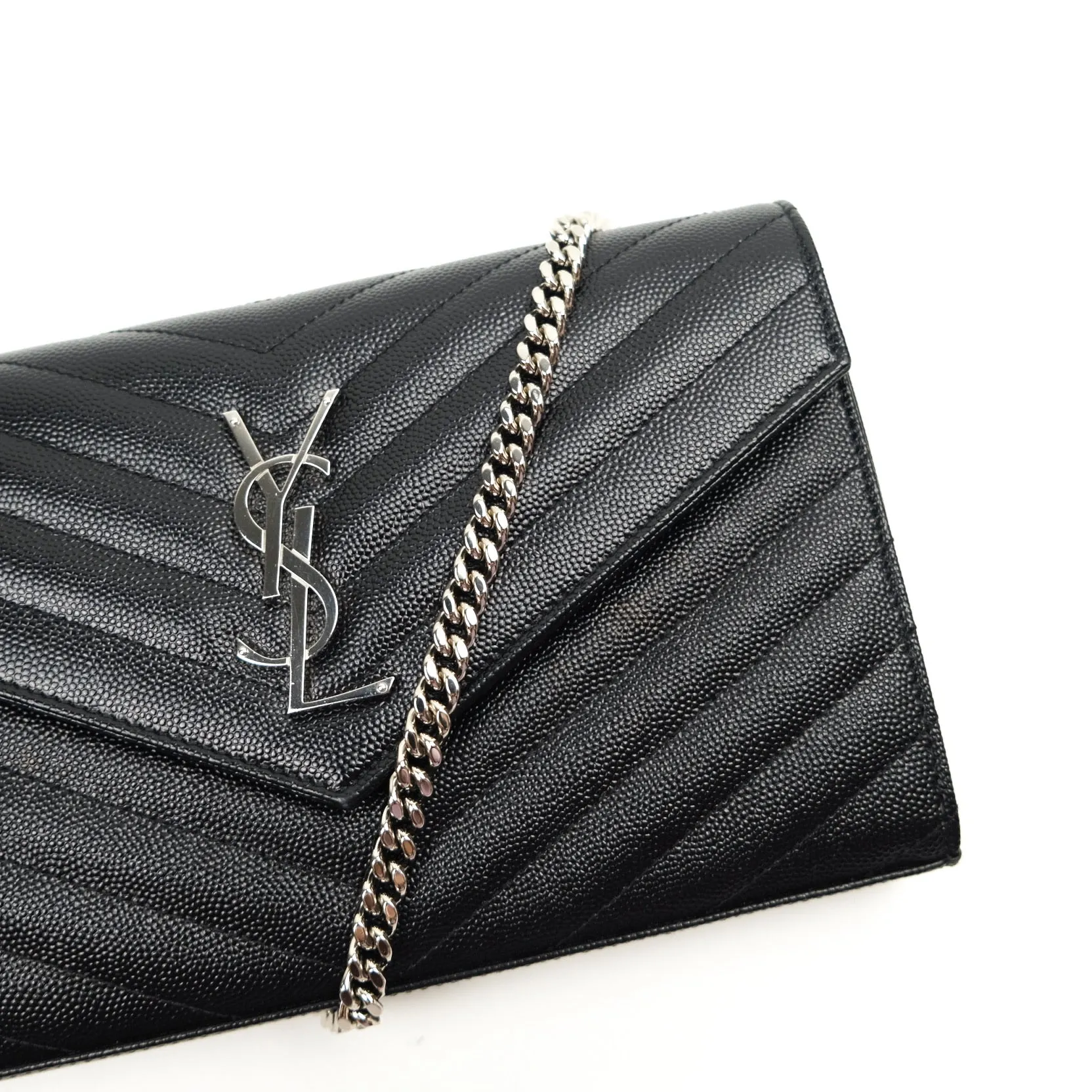 Saint Laurent Wallet on Chain Large in Black Grained Leather and Silver Hardware