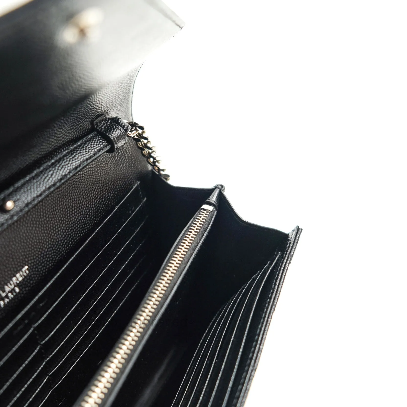 Saint Laurent Wallet on Chain Large in Black Grained Leather and Silver Hardware