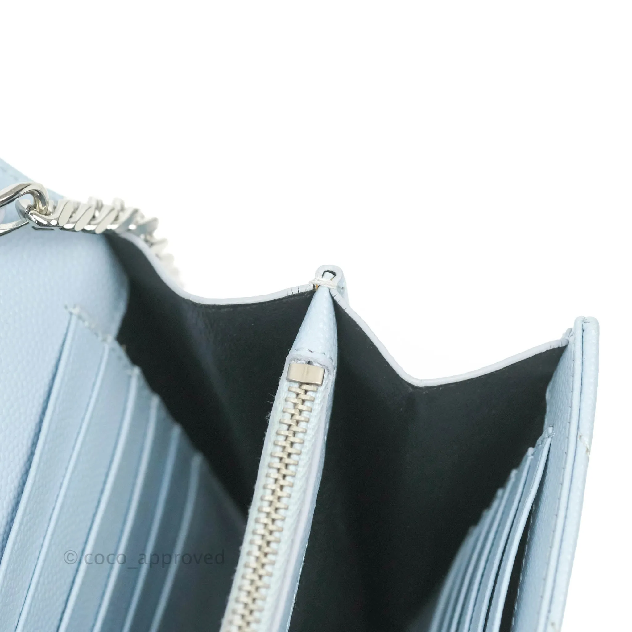 Saint Laurent Wallet on Chain Light Blue Grained Leather Silver Hardware