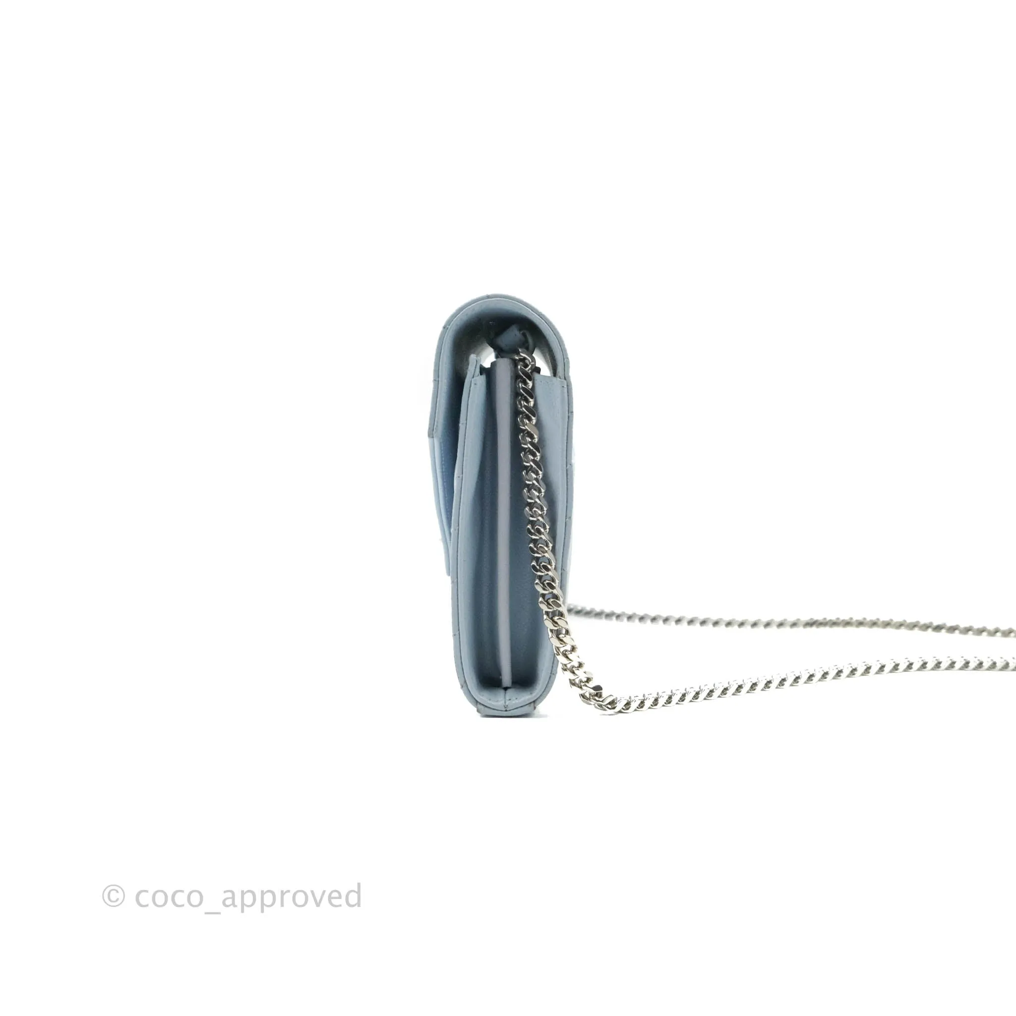 Saint Laurent Wallet on Chain Light Blue Grained Leather Silver Hardware