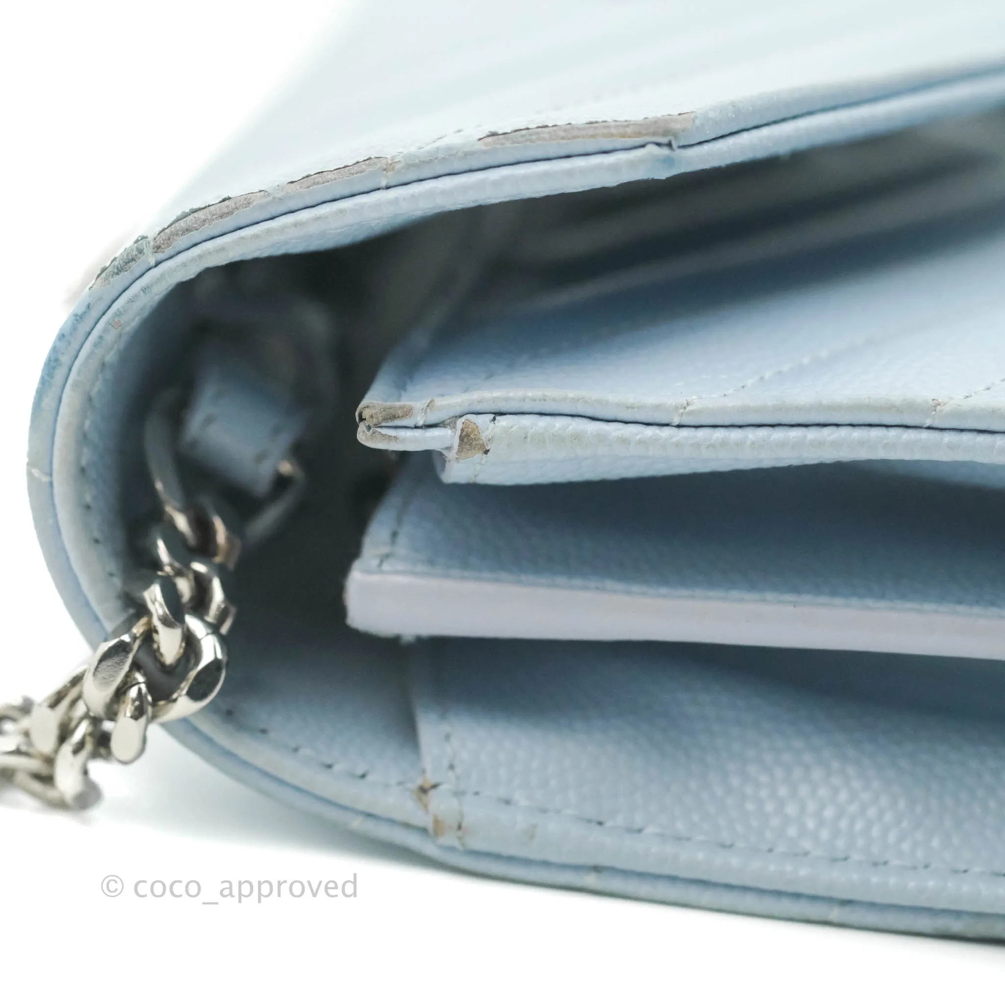 Saint Laurent Wallet on Chain Light Blue Grained Leather Silver Hardware