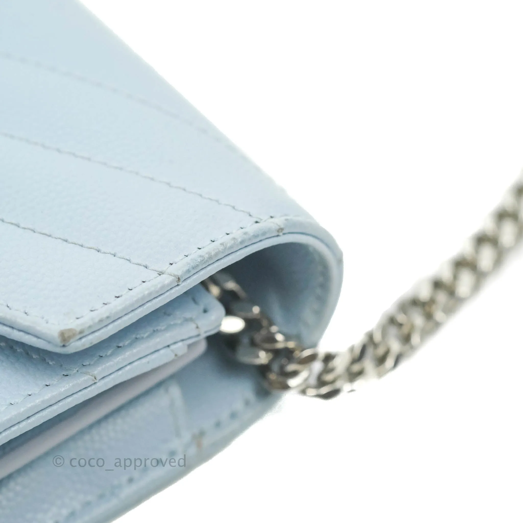 Saint Laurent Wallet on Chain Light Blue Grained Leather Silver Hardware