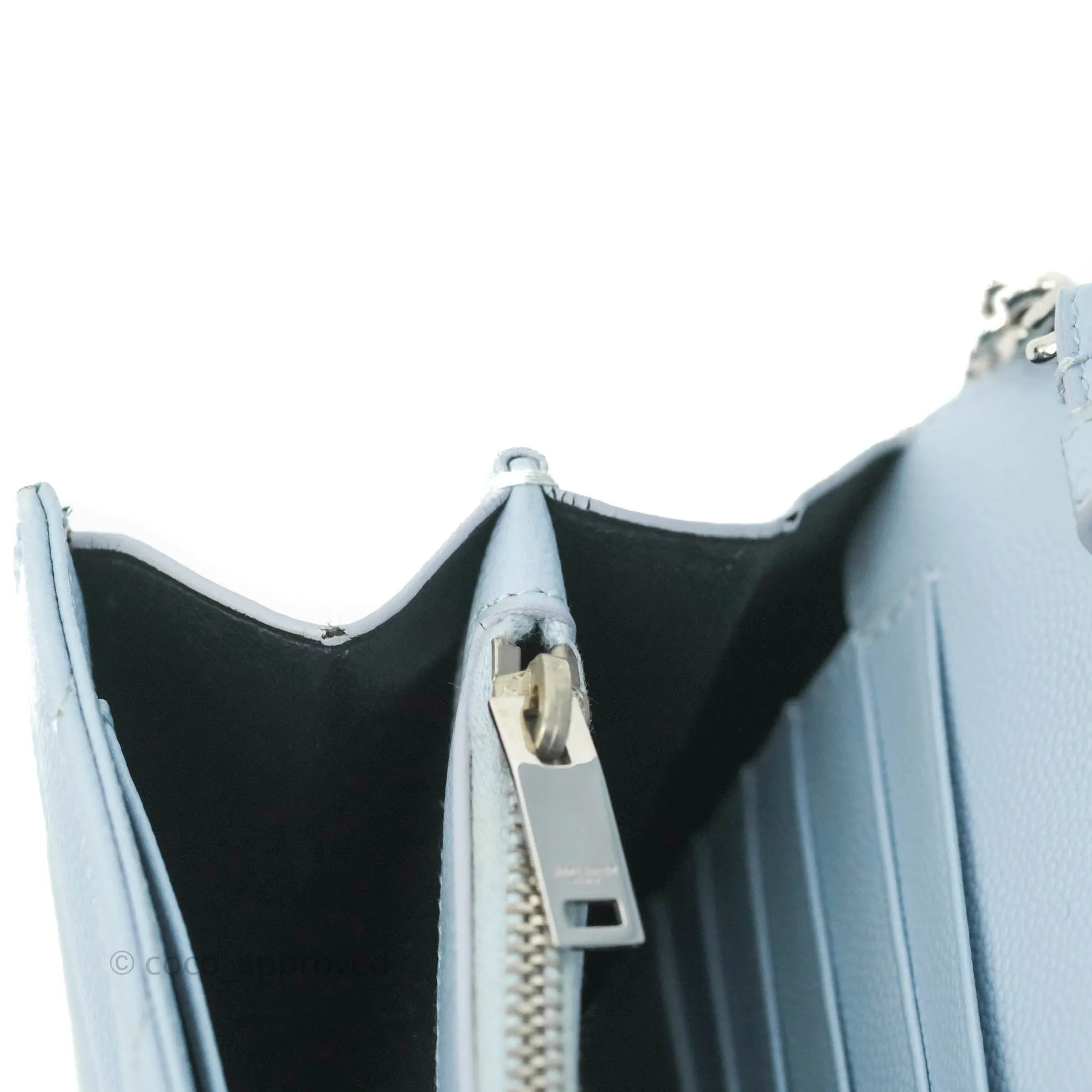 Saint Laurent Wallet on Chain Light Blue Grained Leather Silver Hardware