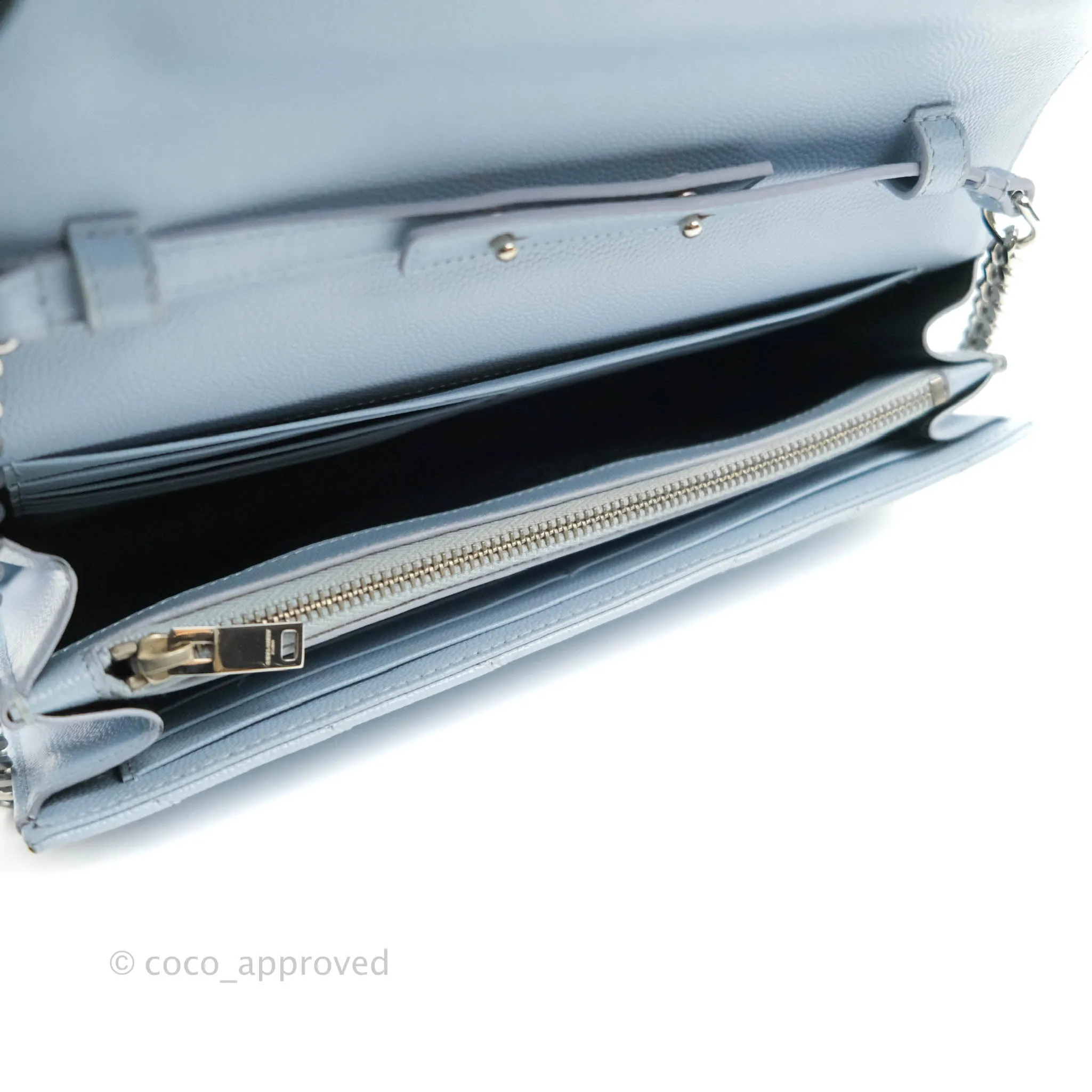 Saint Laurent Wallet on Chain Light Blue Grained Leather Silver Hardware