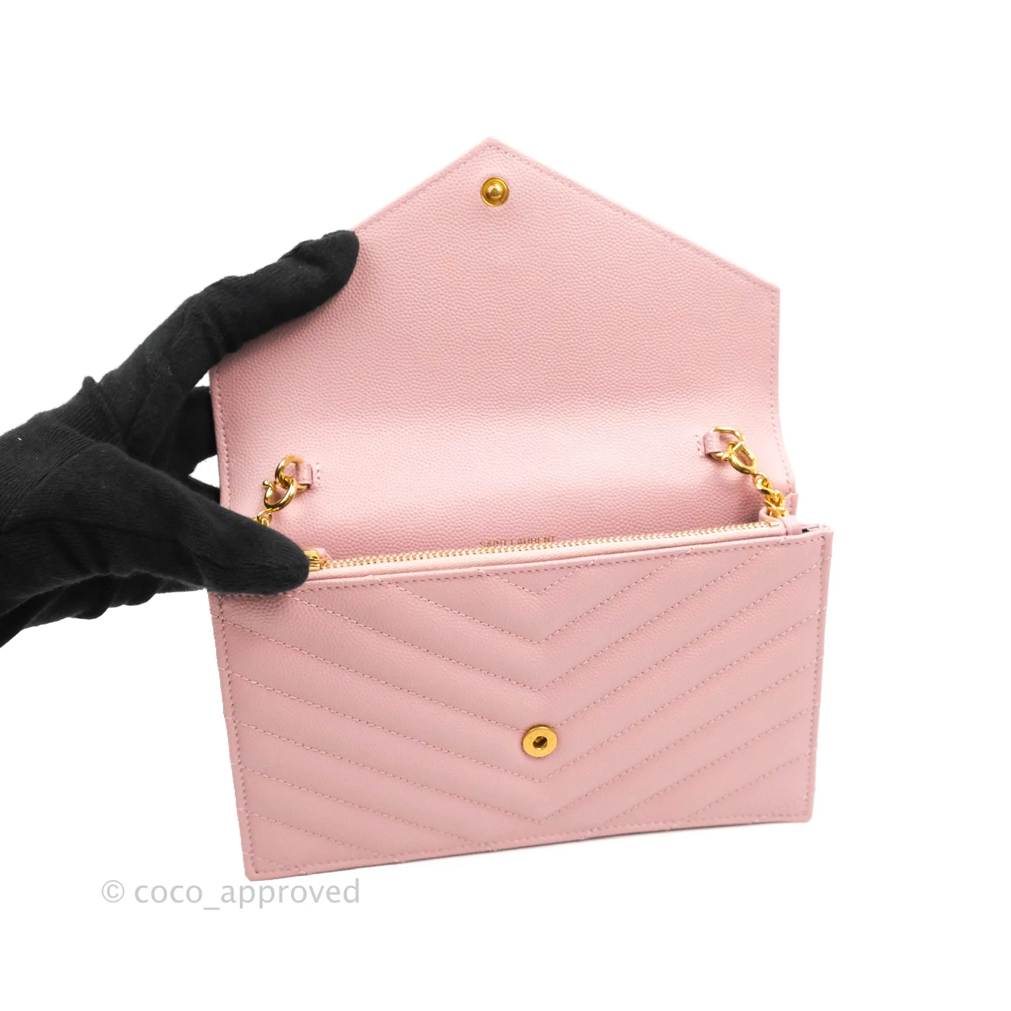 Saint Laurent Wallet on Chain Pink Grained Leather Gold Hardware