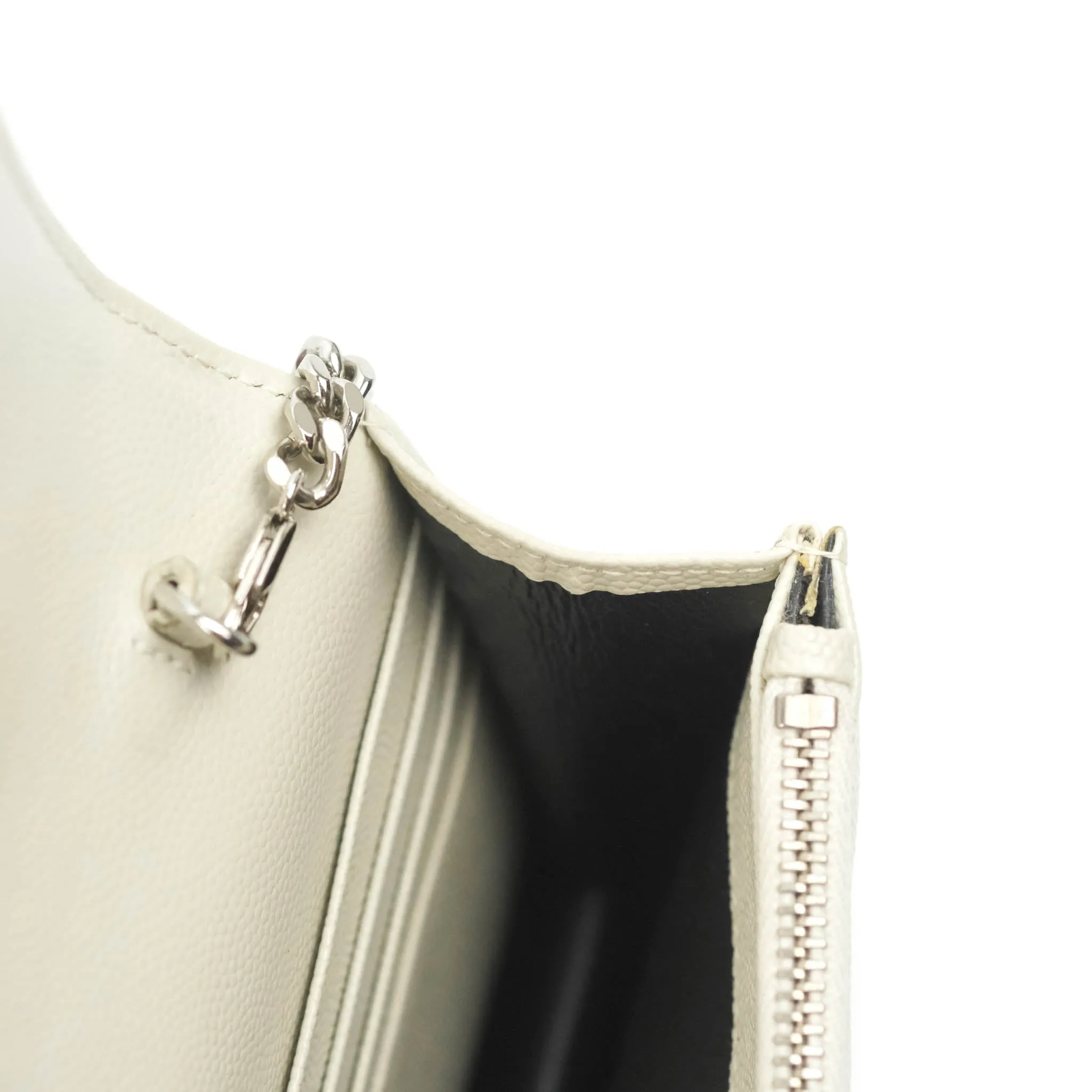 Saint Laurent Wallet on Chain White Grained Leather Silver Hardware