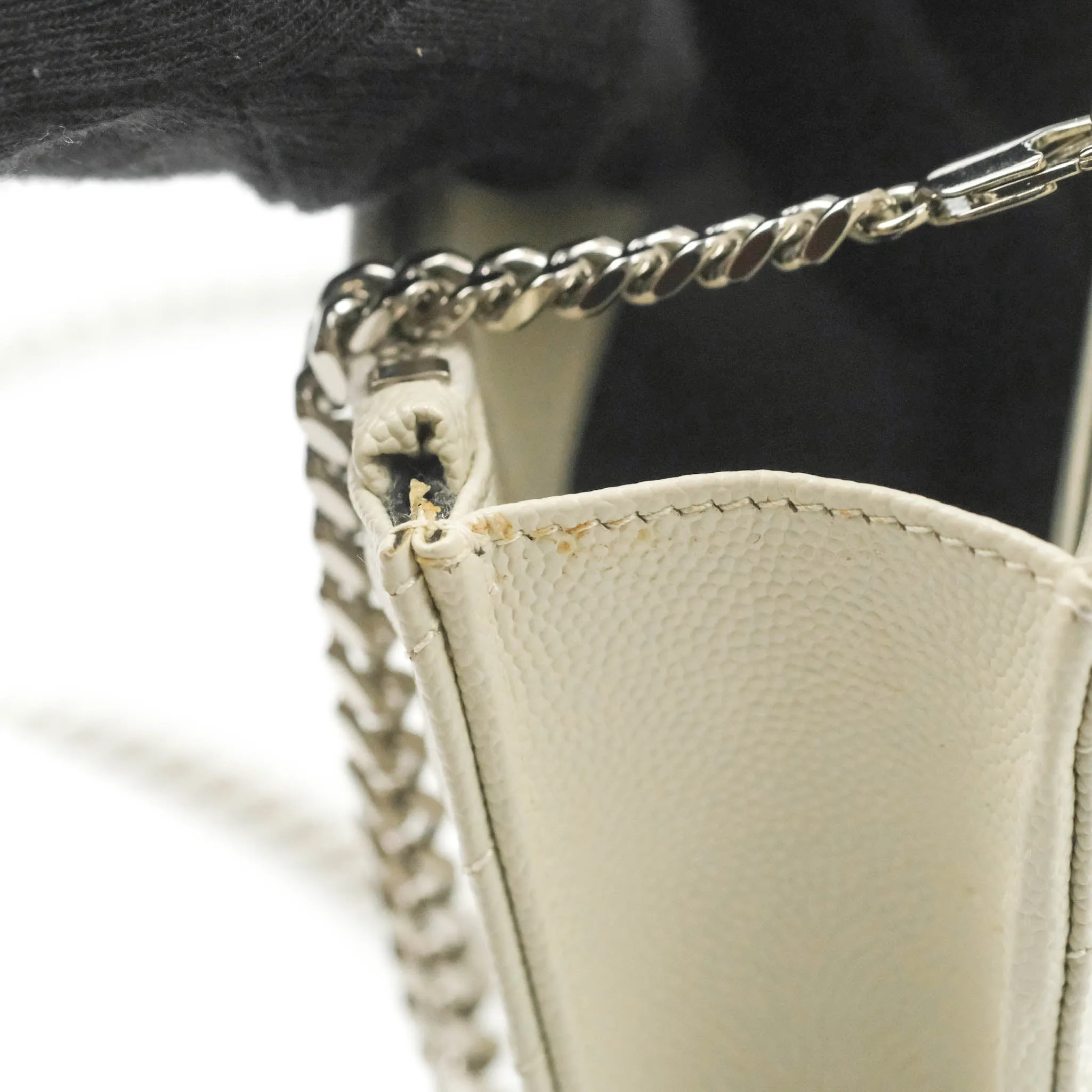 Saint Laurent Wallet on Chain White Grained Leather Silver Hardware