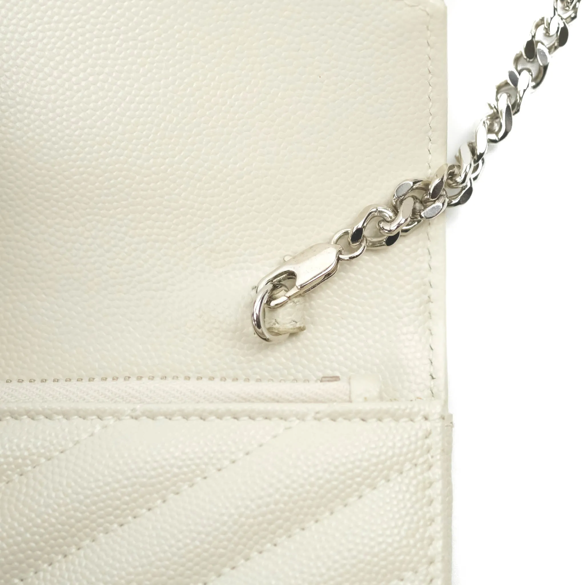 Saint Laurent Wallet on Chain White Grained Leather Silver Hardware