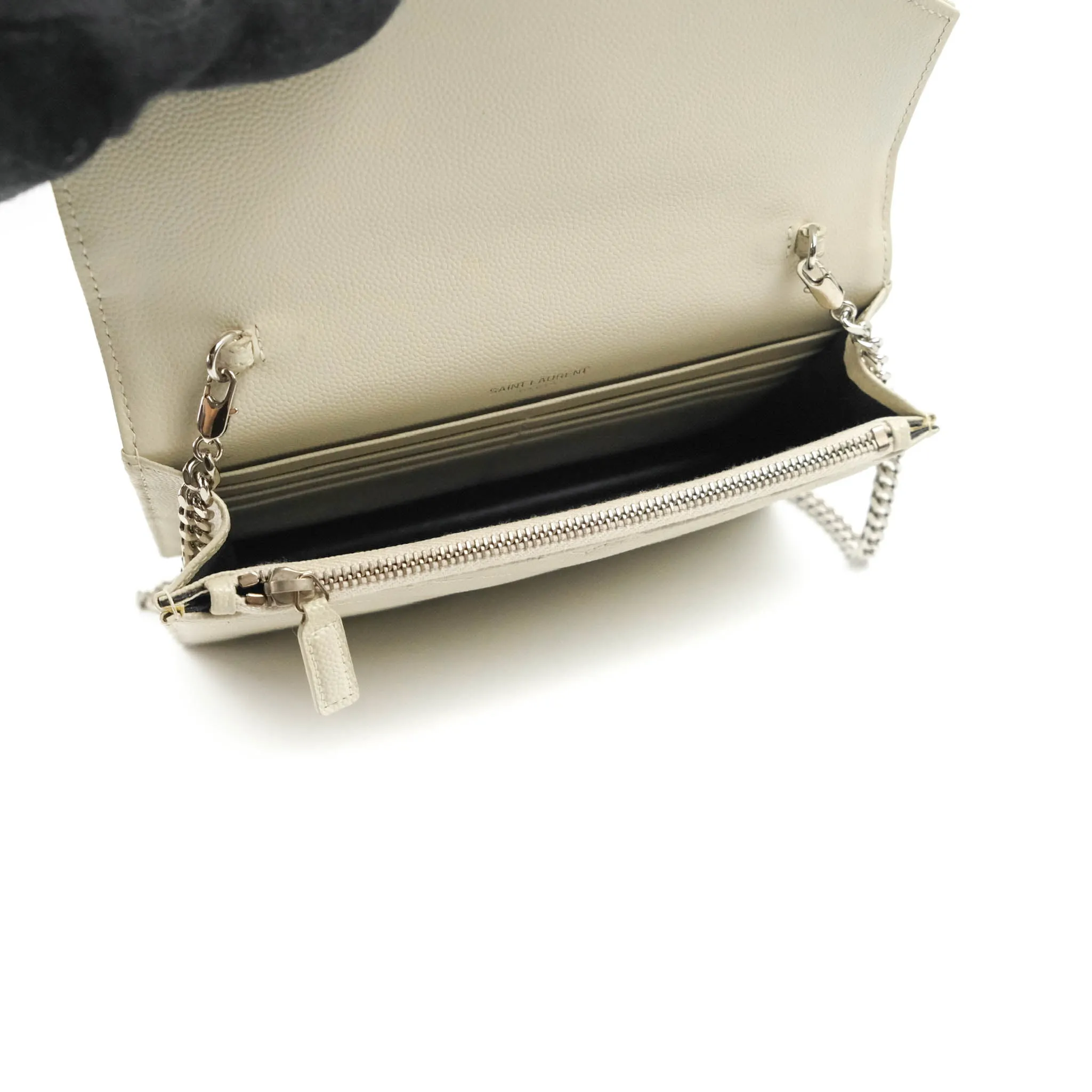 Saint Laurent Wallet on Chain White Grained Leather Silver Hardware