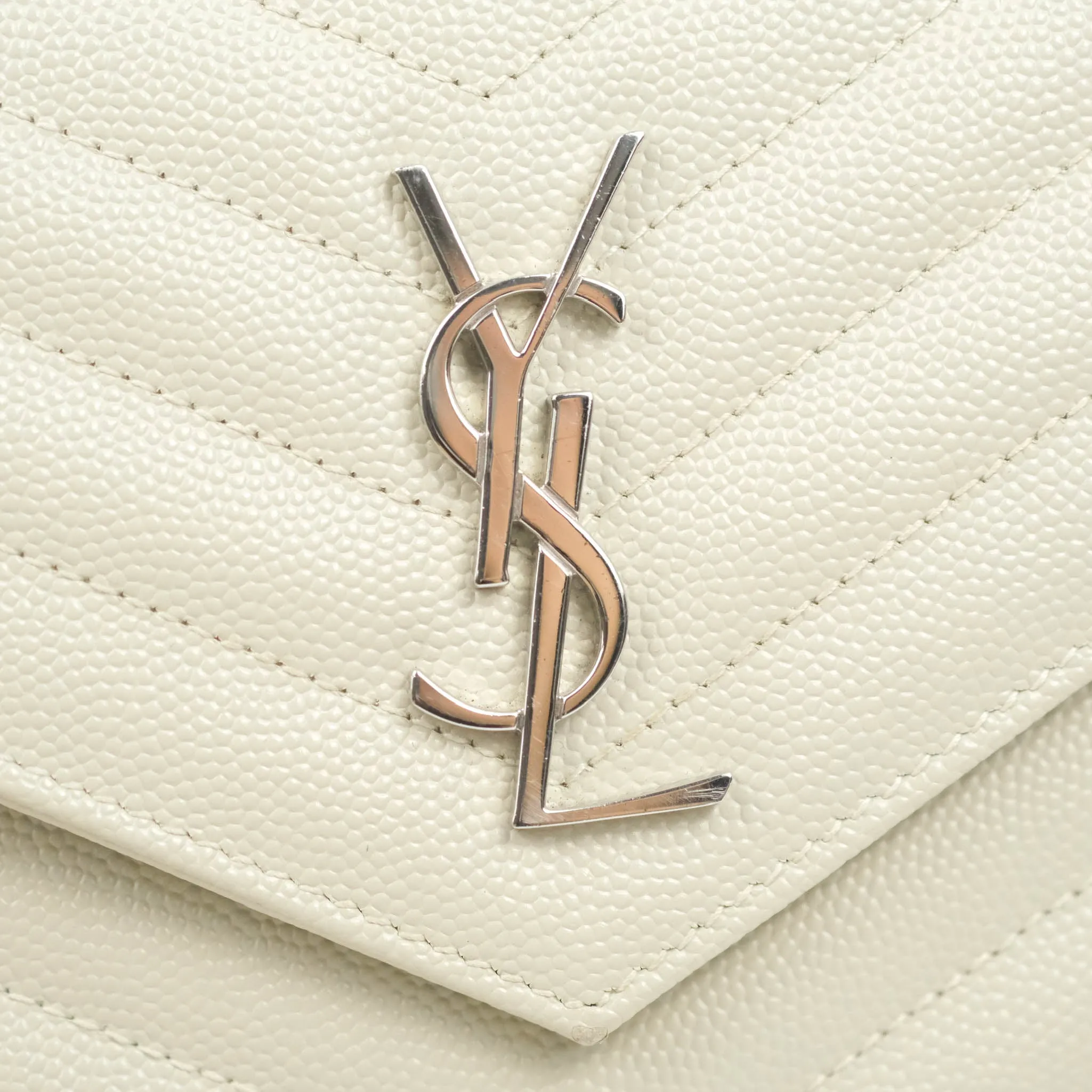 Saint Laurent Wallet on Chain White Grained Leather Silver Hardware