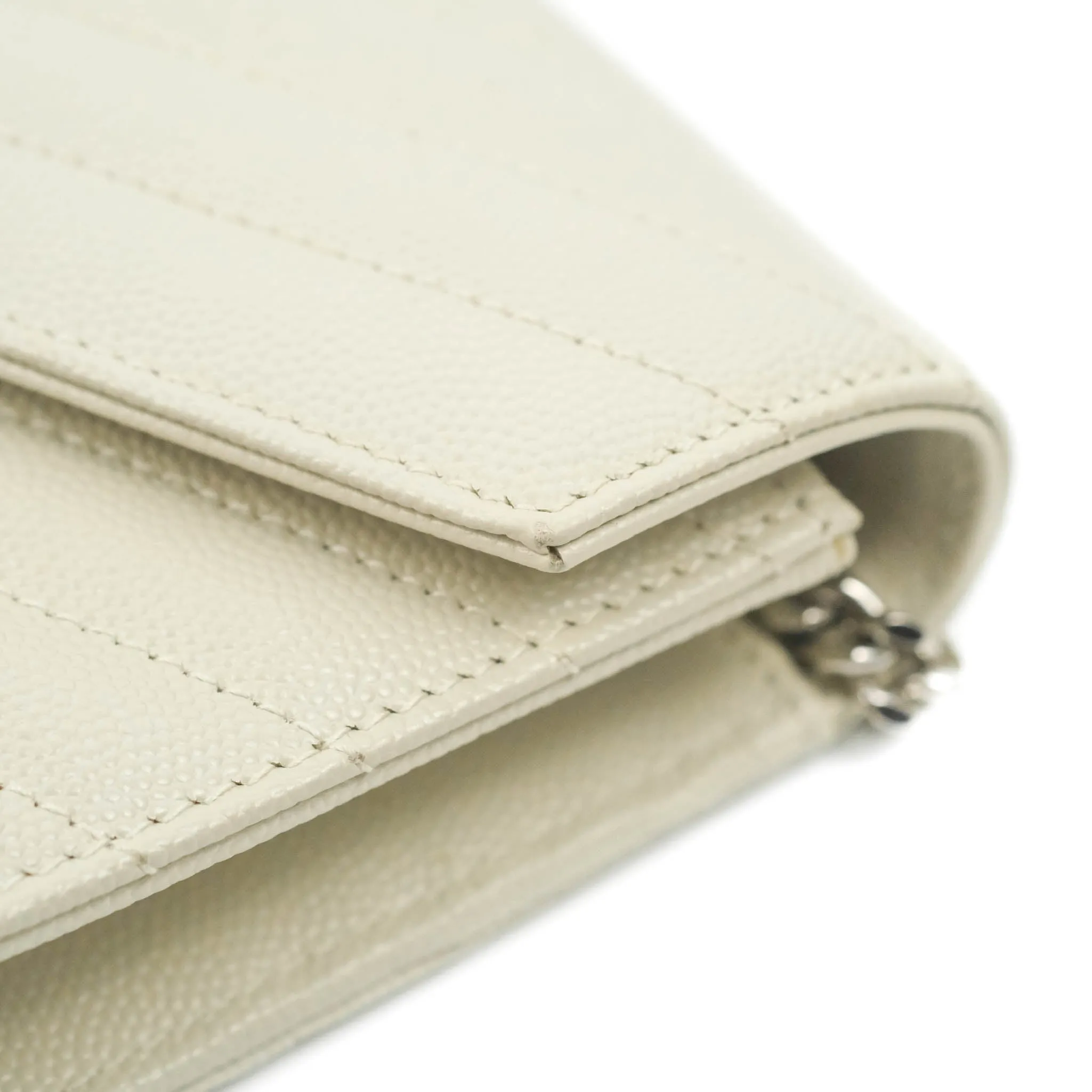 Saint Laurent Wallet on Chain White Grained Leather Silver Hardware