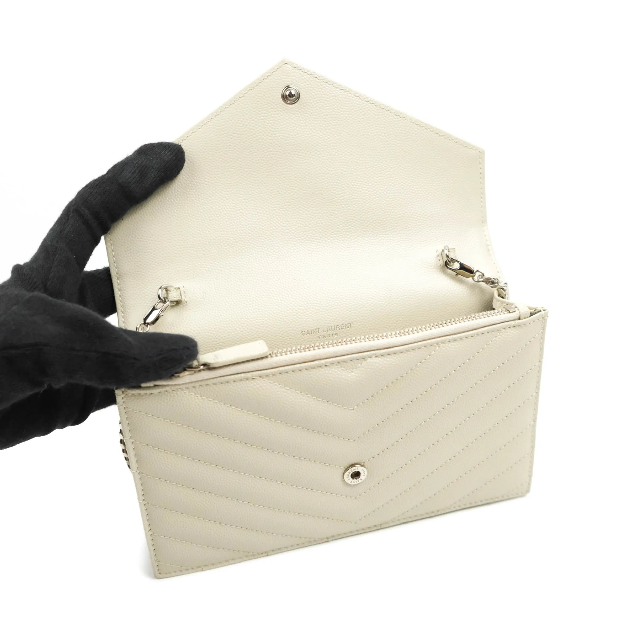 Saint Laurent Wallet on Chain White Grained Leather Silver Hardware