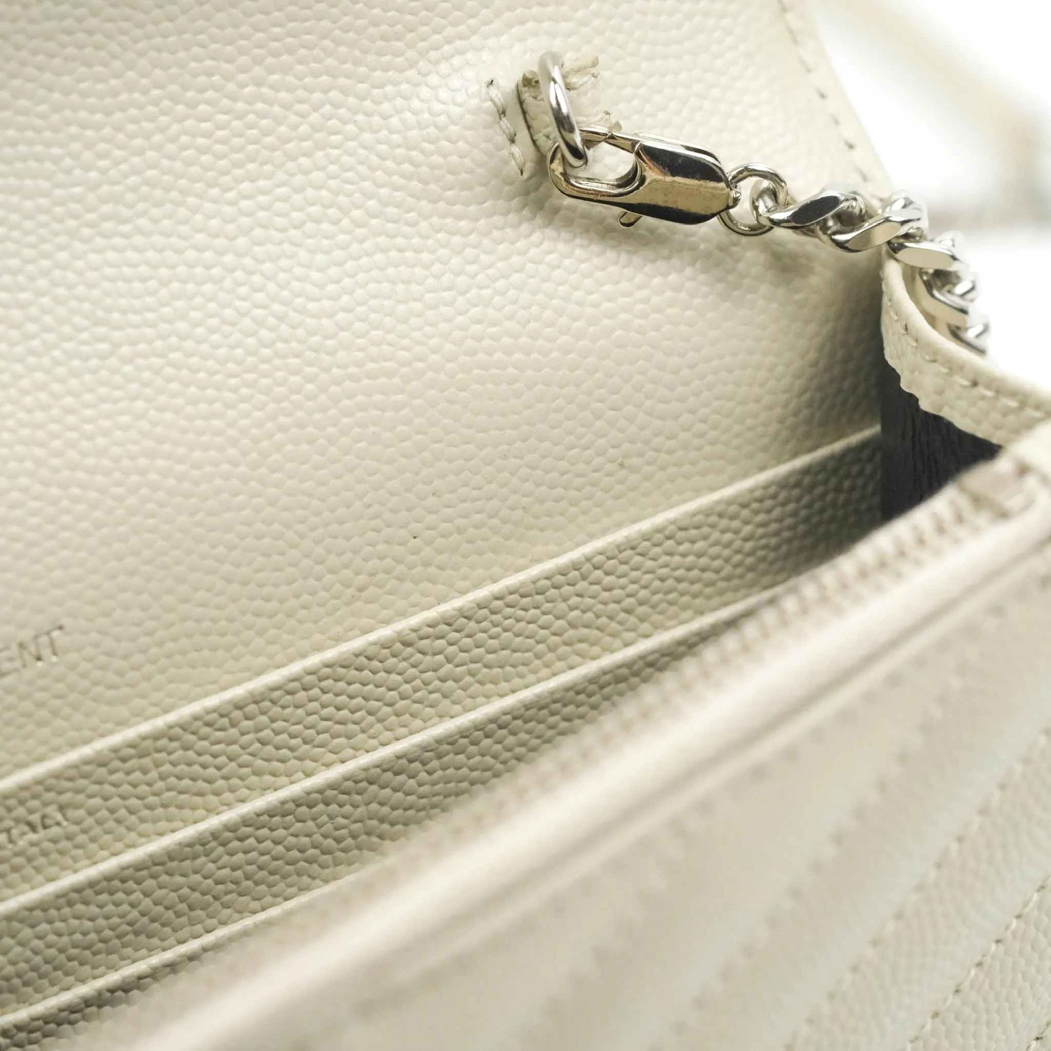 Saint Laurent Wallet on Chain White Grained Leather Silver Hardware