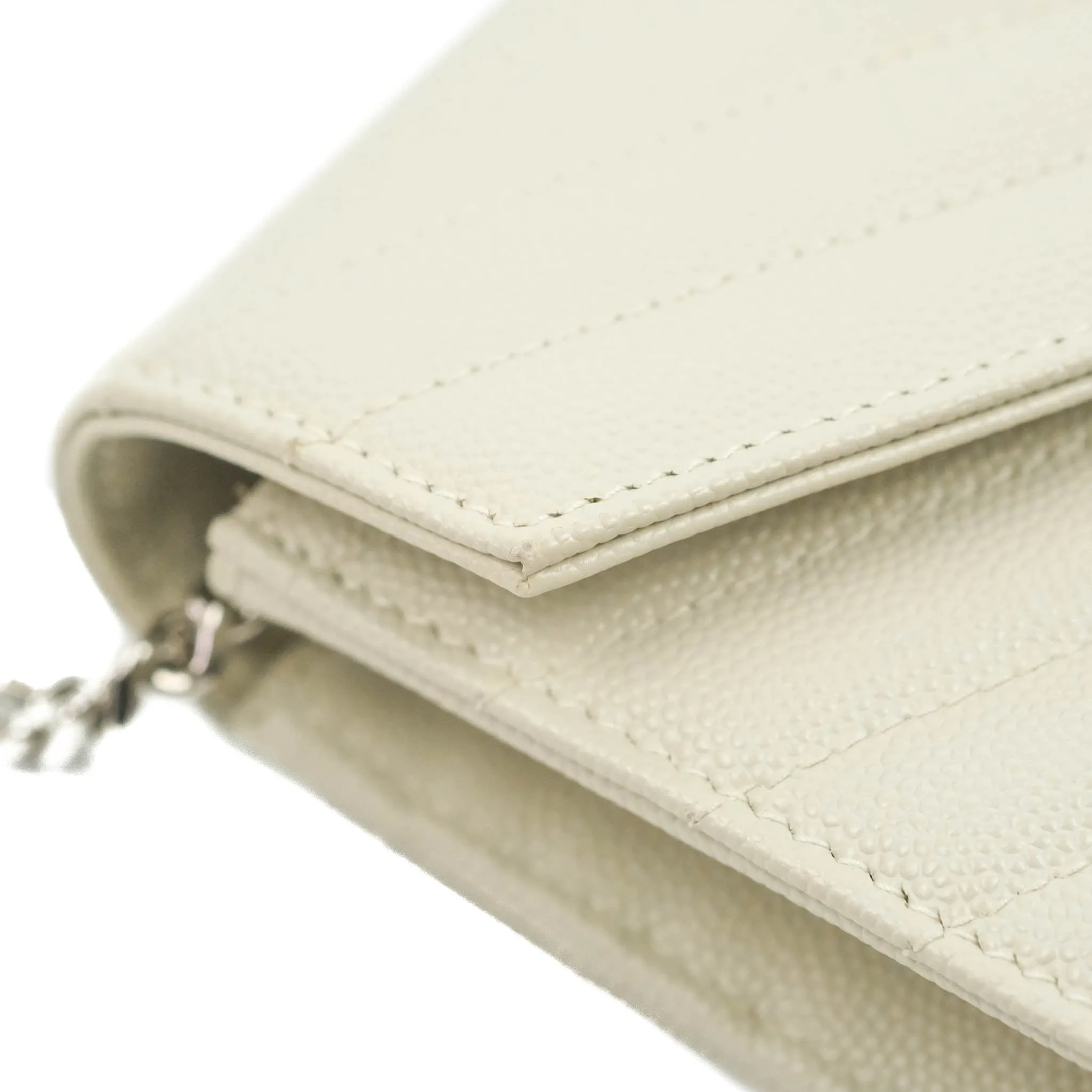 Saint Laurent Wallet on Chain White Grained Leather Silver Hardware