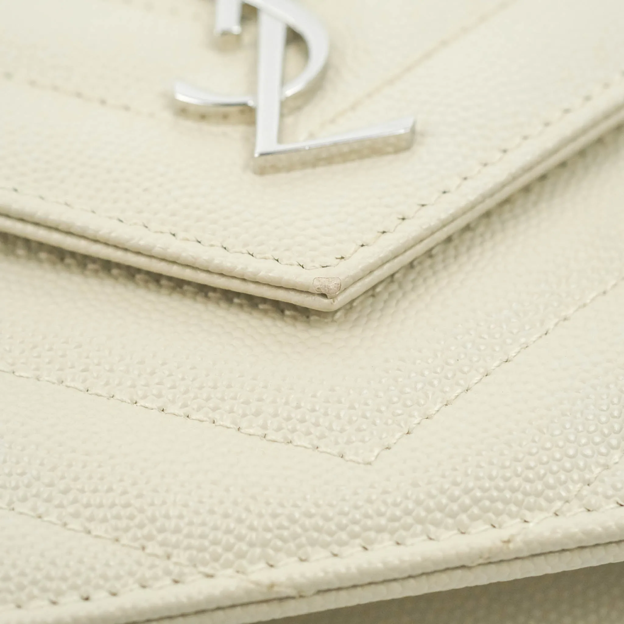 Saint Laurent Wallet on Chain White Grained Leather Silver Hardware