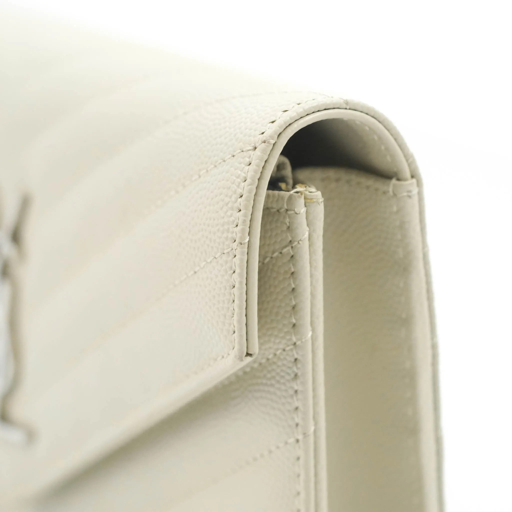 Saint Laurent Wallet on Chain White Grained Leather Silver Hardware