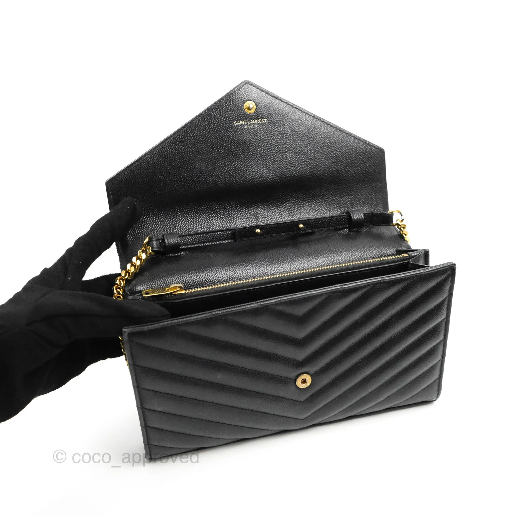 Saint Laurent Wallet on Chain WOC Black Grained Leather Gold Hardware
