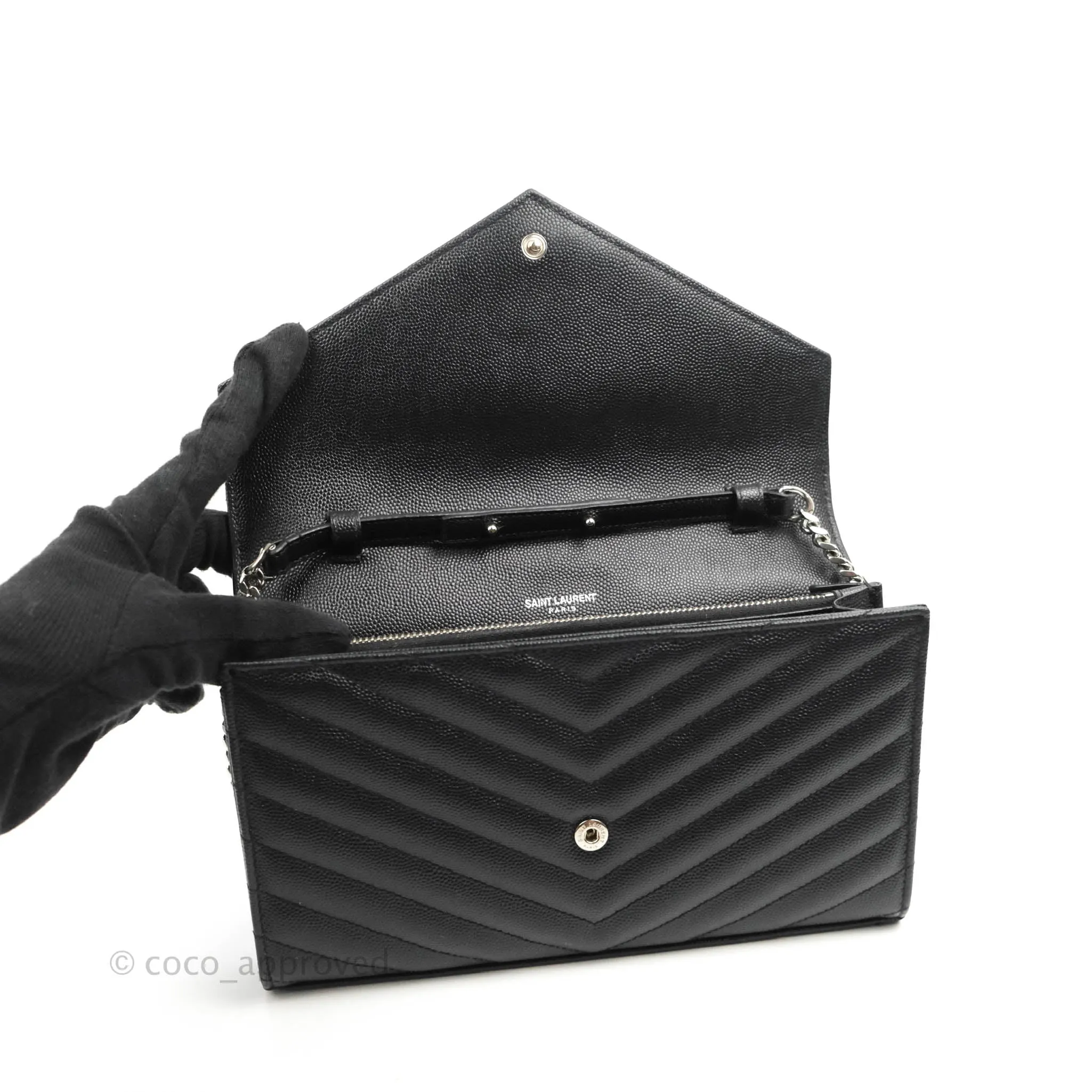Saint Laurent Wallet on Chain WOC Black Grained Leather Silver Hardware