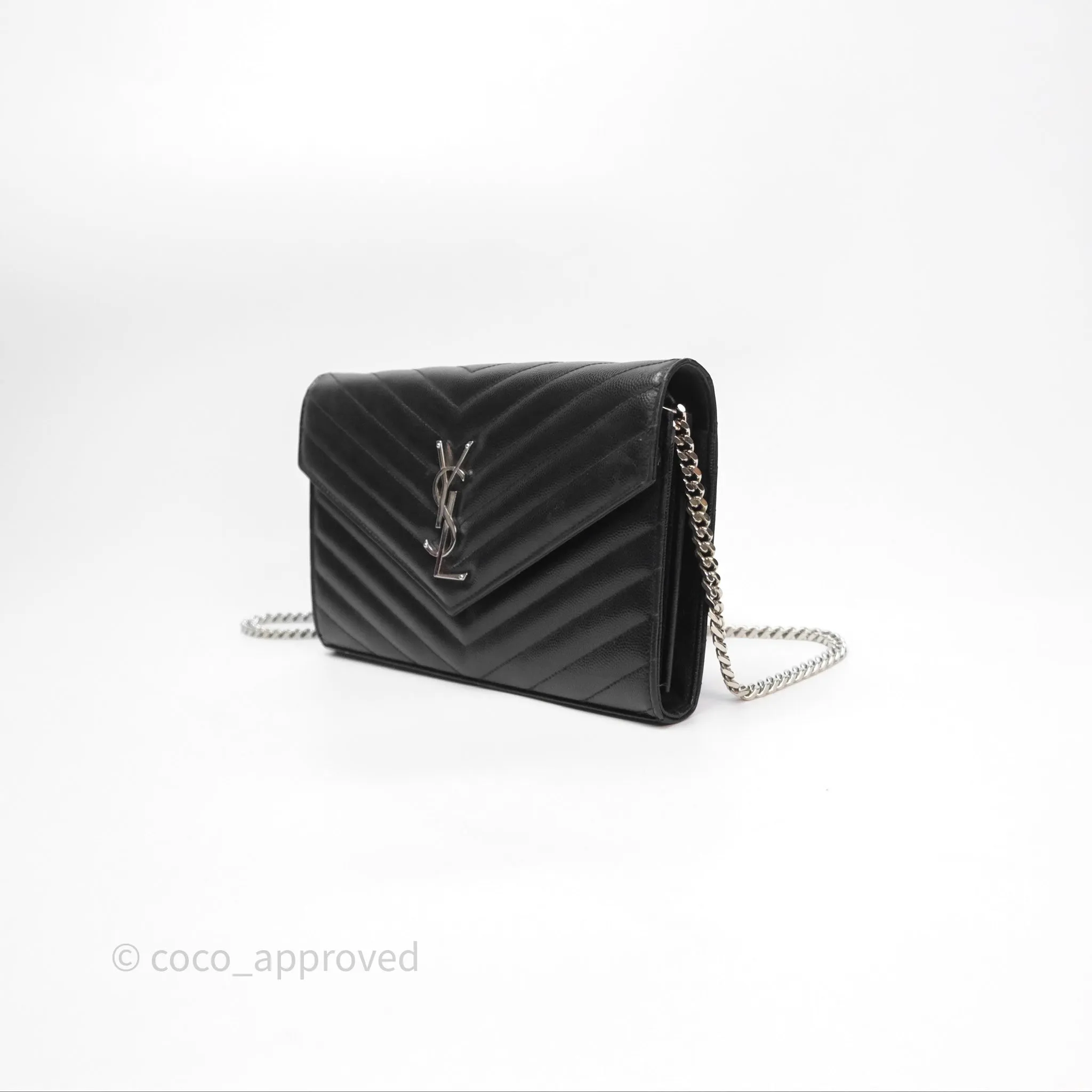 Saint Laurent Wallet on Chain WOC Black Grained Leather Sliver Hardware