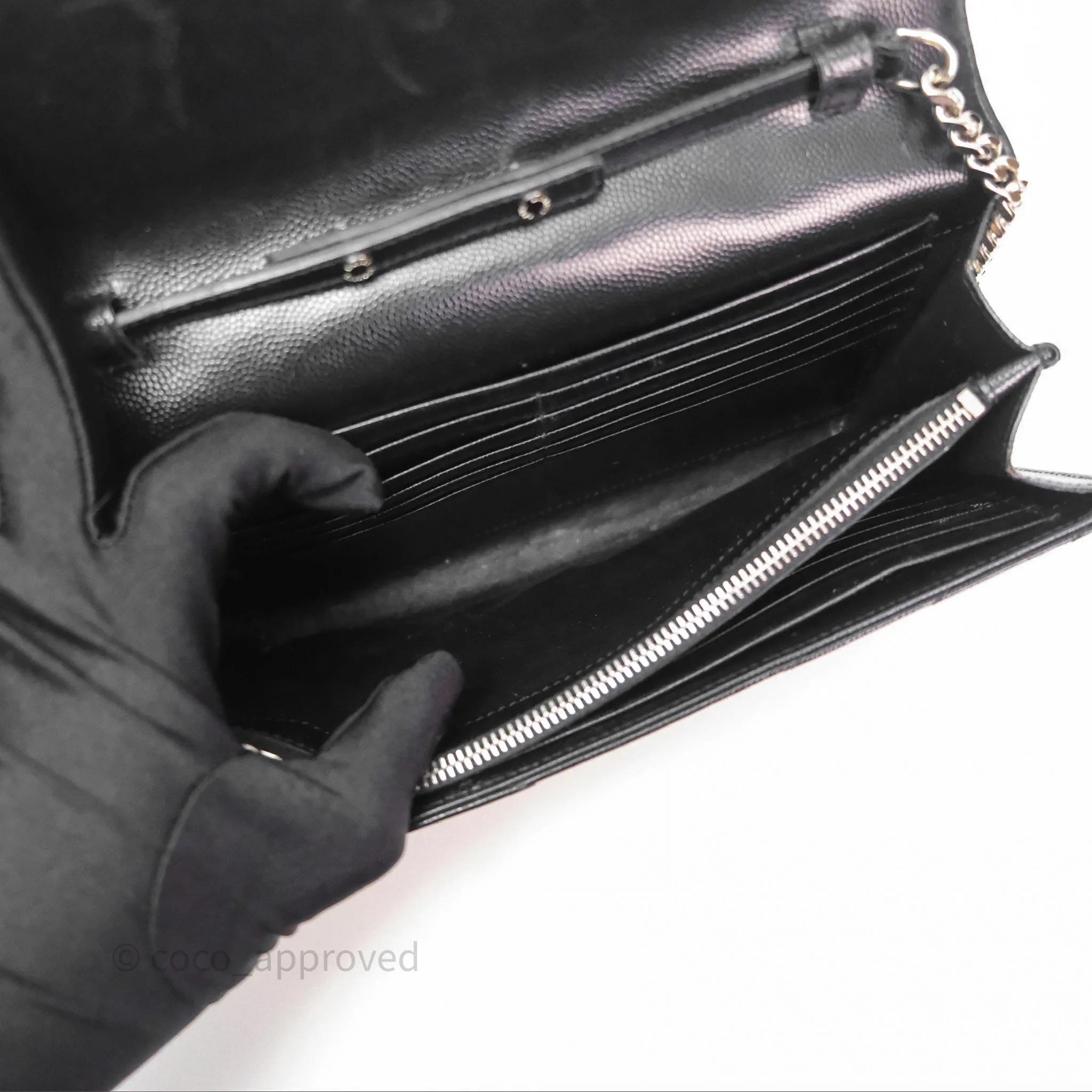 Saint Laurent Wallet on Chain WOC Black Grained Leather Sliver Hardware