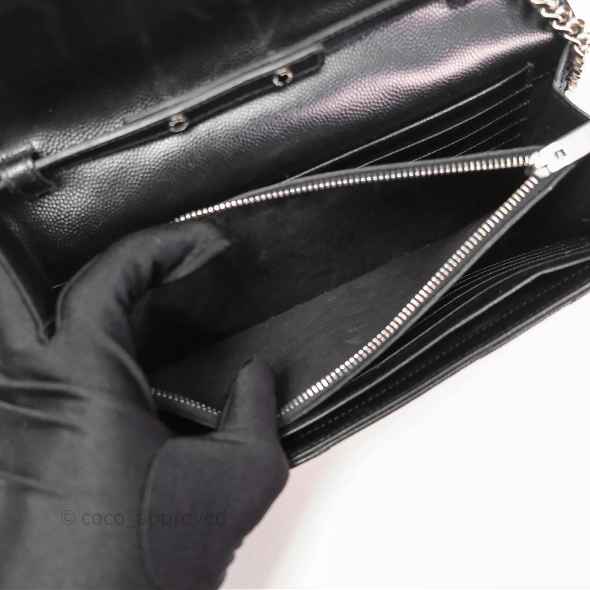 Saint Laurent Wallet on Chain WOC Black Grained Leather Sliver Hardware