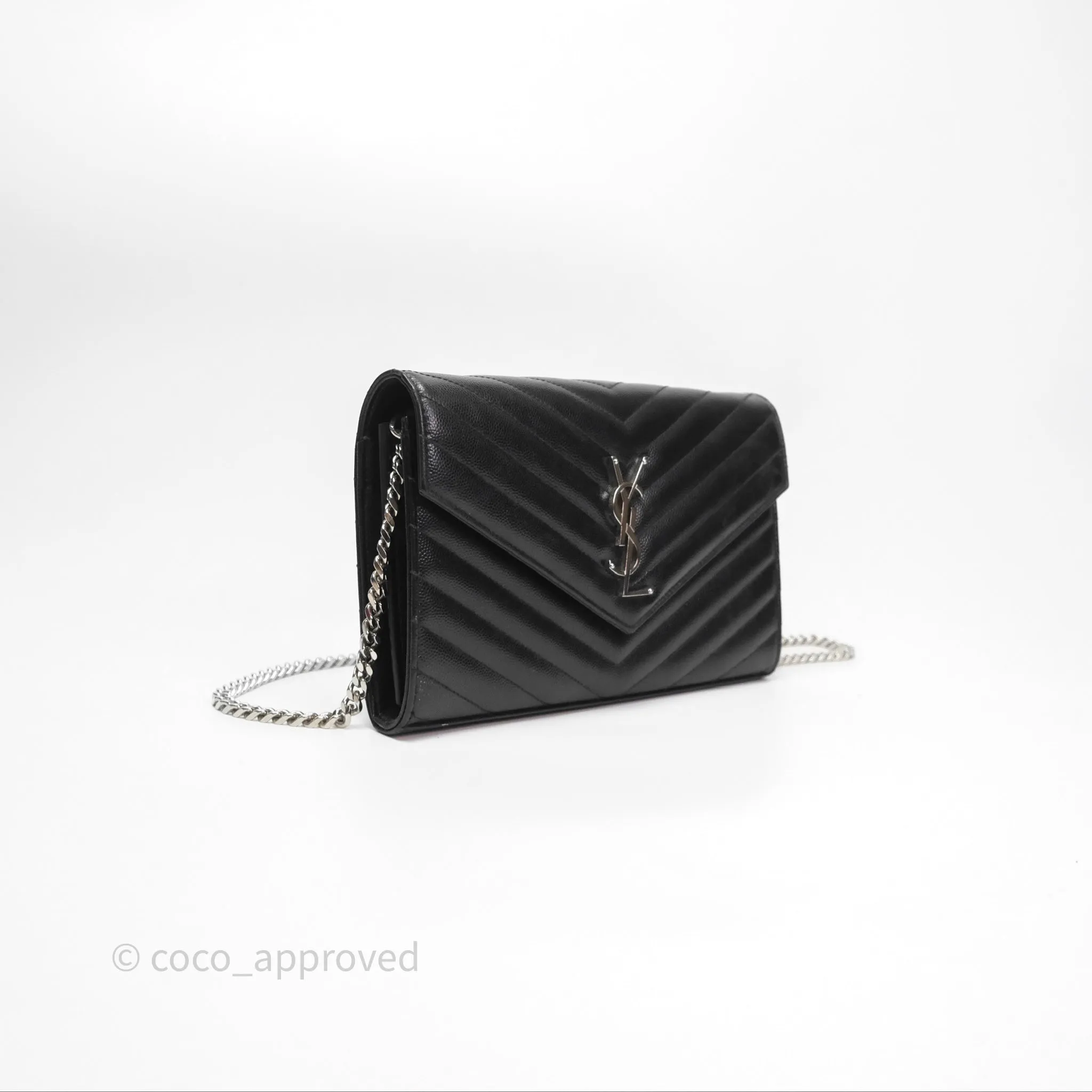 Saint Laurent Wallet on Chain WOC Black Grained Leather Sliver Hardware