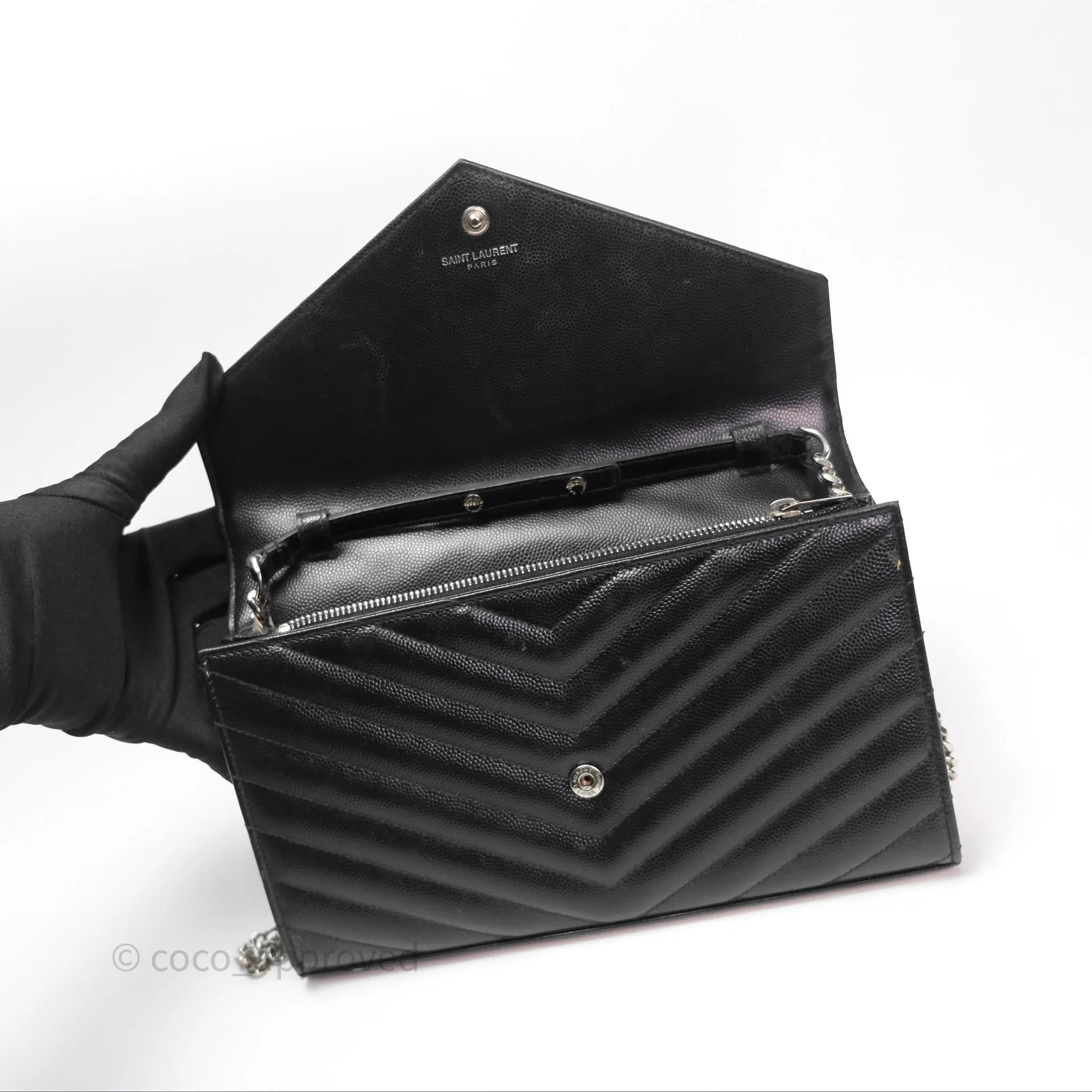 Saint Laurent Wallet on Chain WOC Black Grained Leather Sliver Hardware